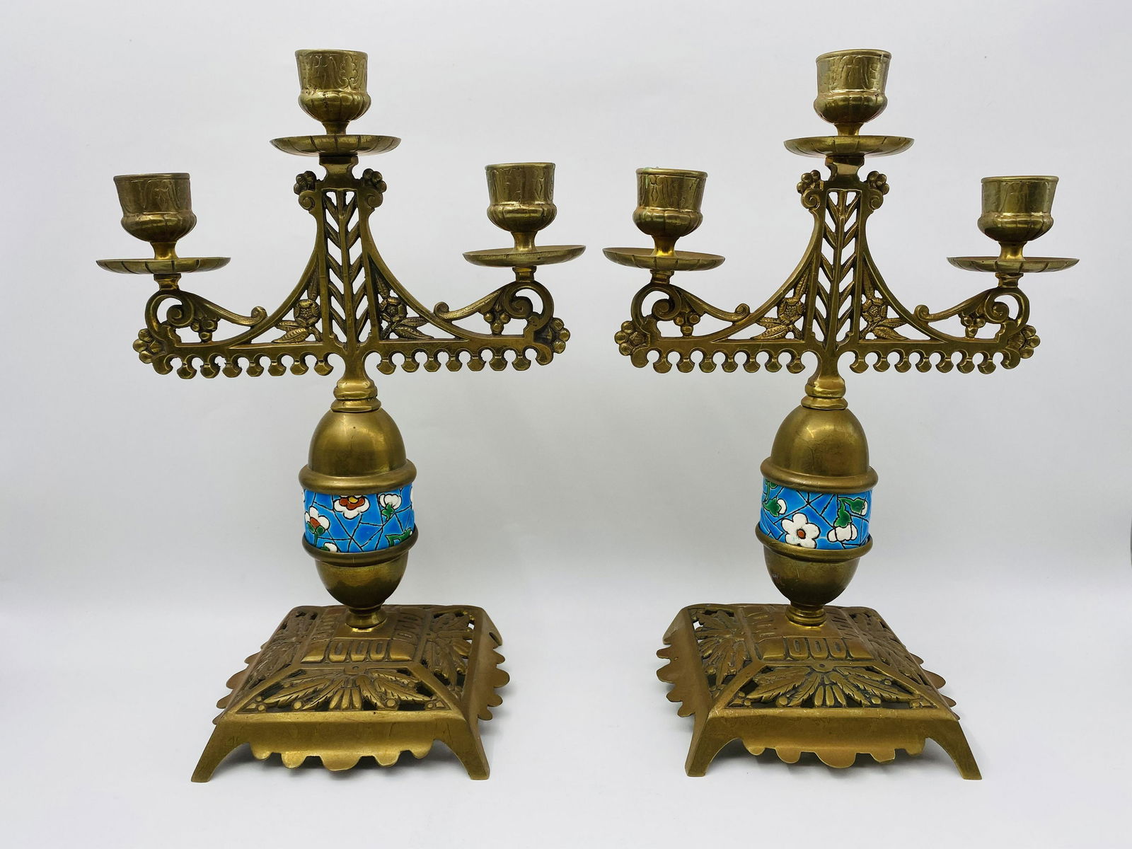 Ornate antique brass candelabras with Longwy inlay. (1 of 12)