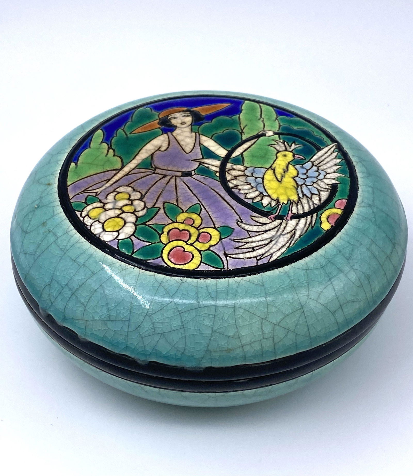 Longwy Round Lidded Container- Lady With Bird (1 of 6)