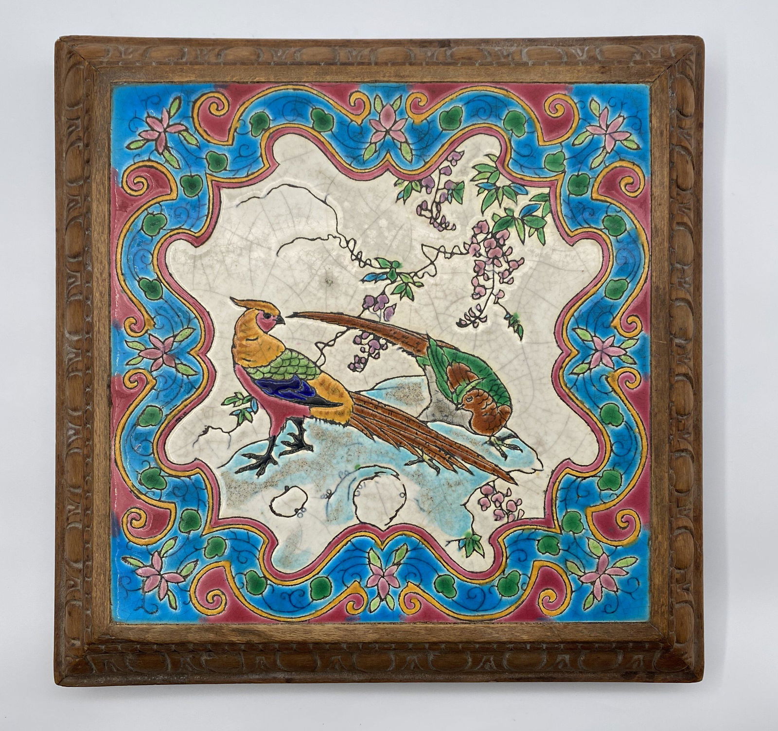 Pheasants Longwy tile set in carved wooden framed music (1 of 7)