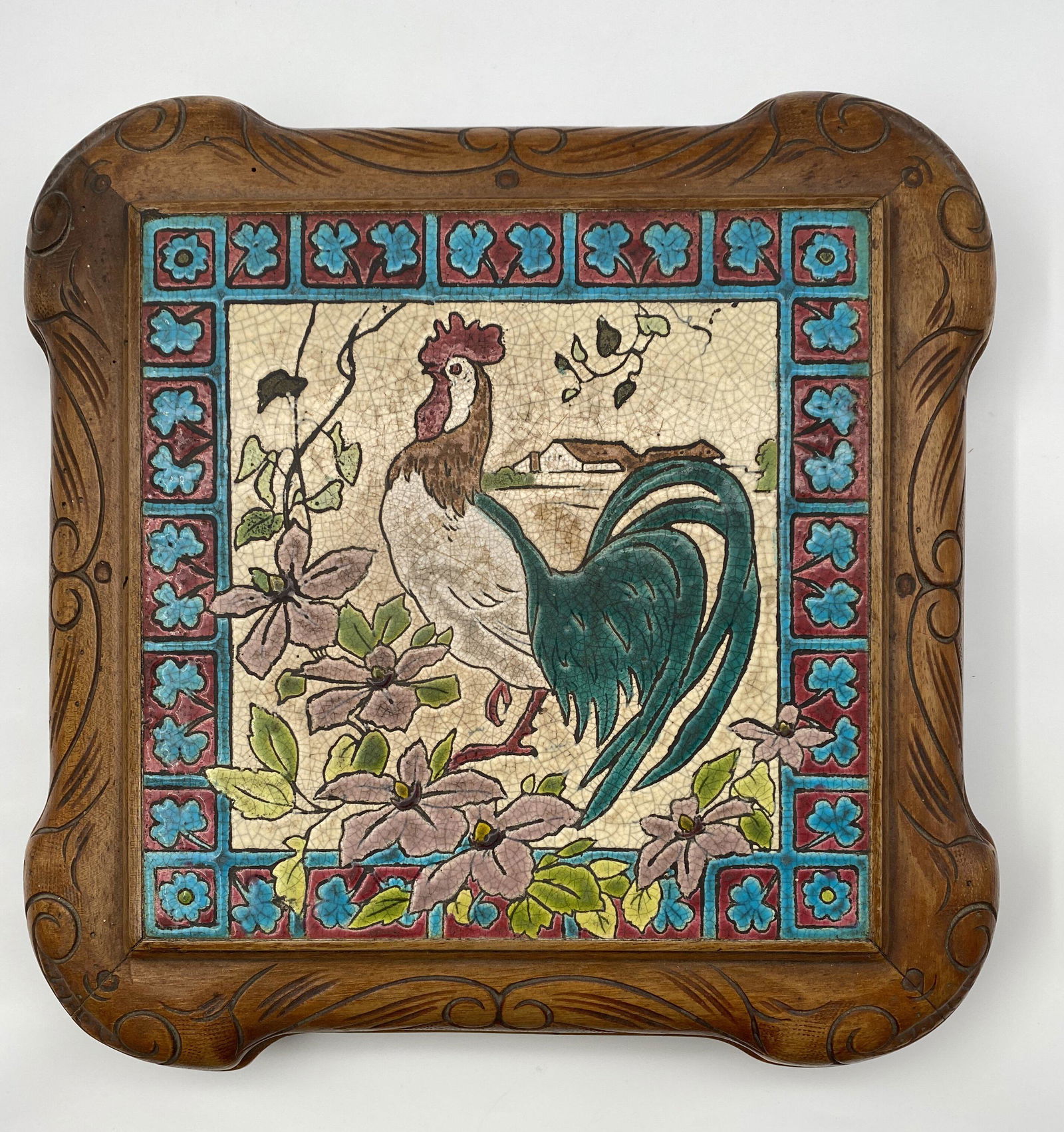 Rooster Longwy tile set as a music box / trivet (1 of 6)