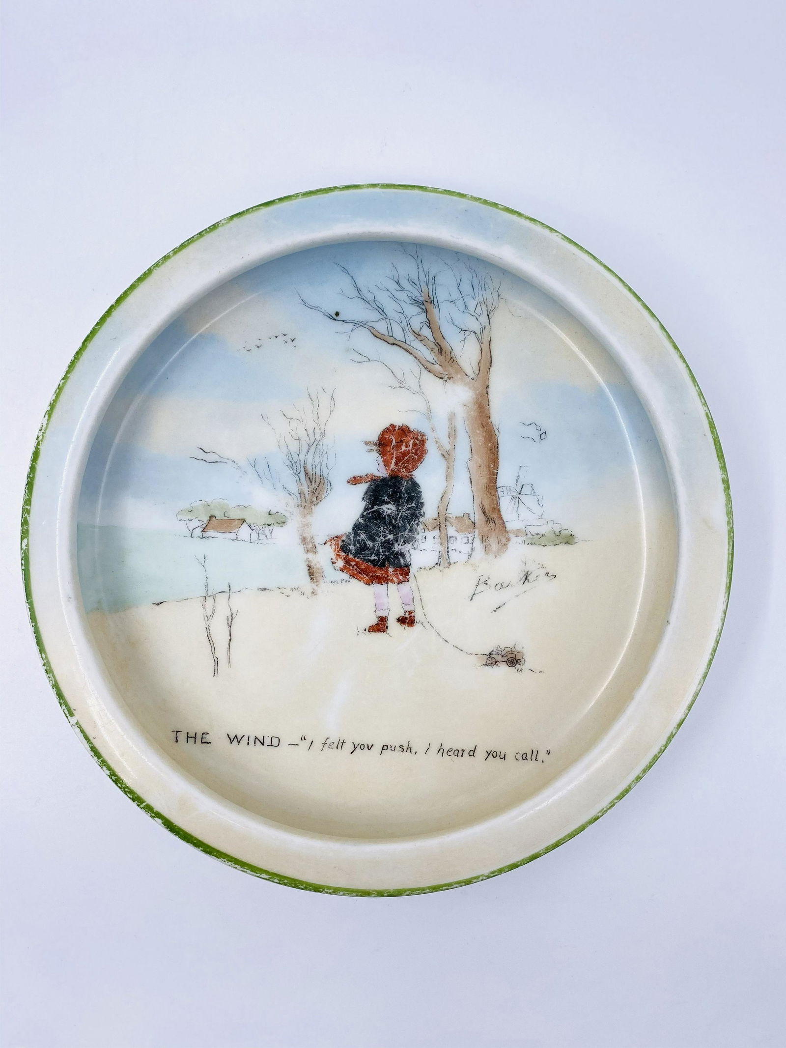 H&Co Selb Bavaria Antique Children's Plate: Vintage Ironstone Childs Dish featuring a girl in a red bonnet and a little saying 'THE WIND - I felt you push, I heard you call'. This has a nice overhanging lip so food won't slosh out of the bowl.