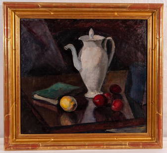 Enjar Hansen, Still Life with White Pitcher: Artist- Enjar Hansen Title- Still Life with White Pitcher Medium- oil on canvas Size- 25x25in. Rare still life panting by Danish artist Ejnar Hansen. Provenance- collection of Mrs D. Duffy, Santa Barb