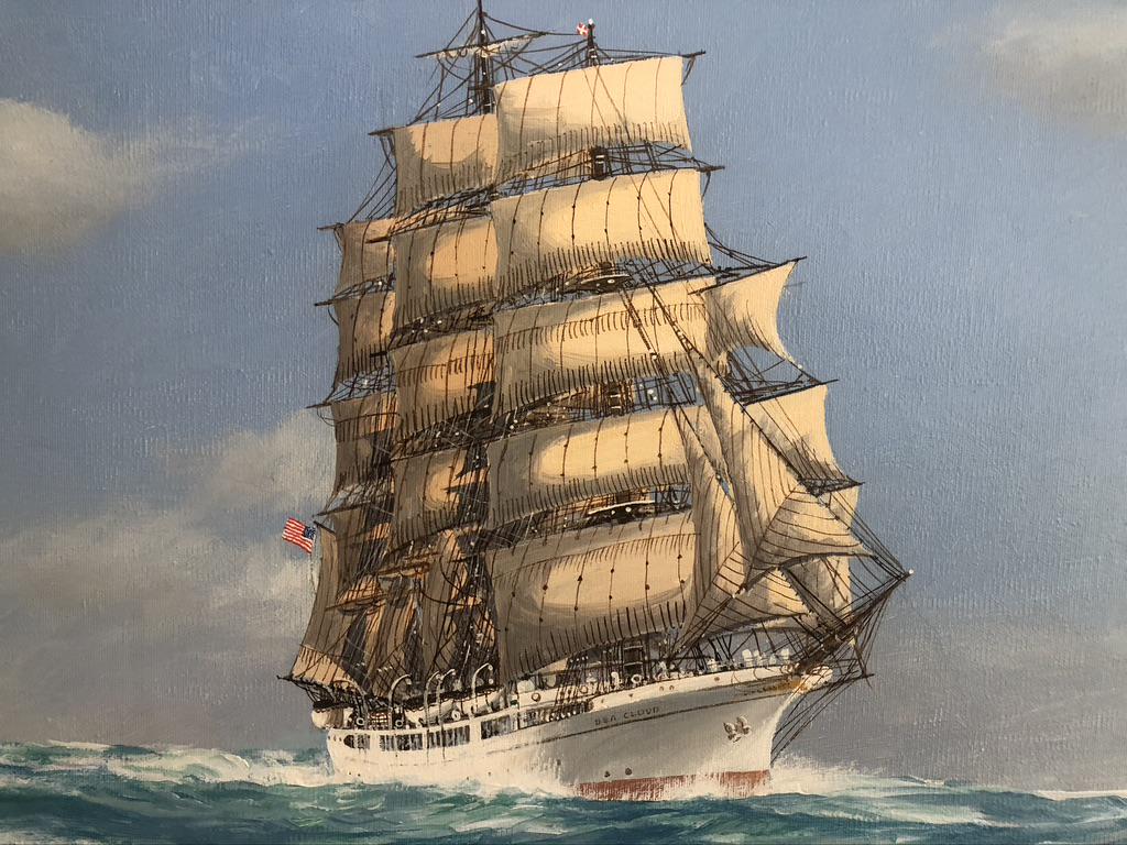 Arnold, Sea Cloud: Artist- Jay Arnold Sea Cloud Medium- oil/ canvas Size- 24 x 18in Arnold was born 1880 (Nantucket). He joined the Merchant Marines and was intrigued with old clipper fleets, spending a great deal of ti