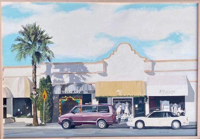 John Carlander, Palm Desert- New Year's Day: Title- Palm Desert, New Years Day Artist- John Carlander, 1943 - Signed- lower right Year- 1997 Medium- acrylic on canvas Size-