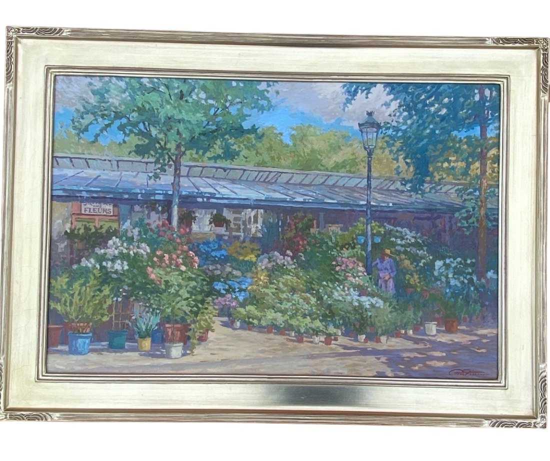 Matthias Fischer, Provence Street Flowers: Title- Provence Street Flowers Artist- Matthias Fischer Signed- lower right Year- not dated Medium- oil on canvas Size- 25.25 x