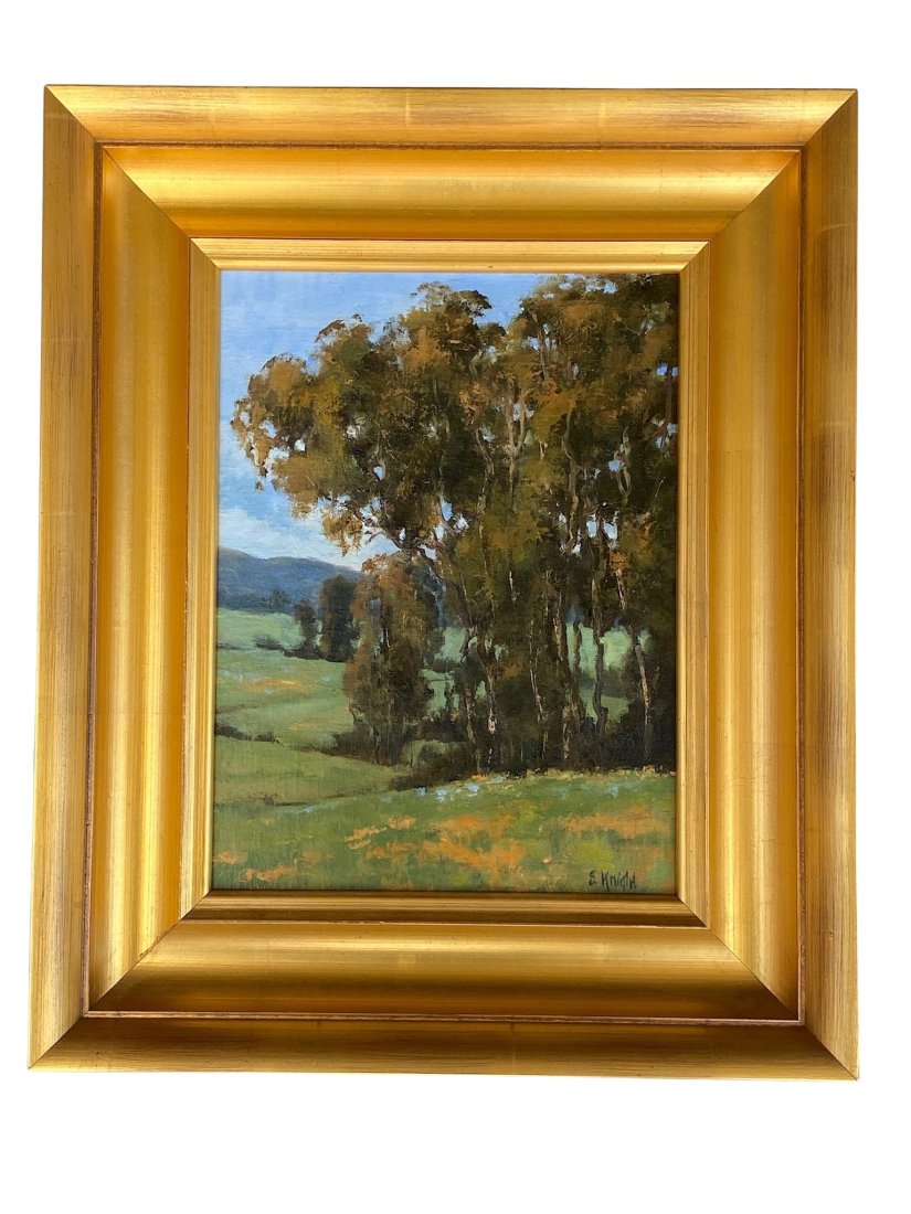 Sheryl Knight, Foxen Canyon Eucalyptus: Title- Foxen Canyon Eucalyptus Artist- Sheryl Knight Signed- lower right Year- not dated Medium- oil on panel Size- 11.5 x 8.5