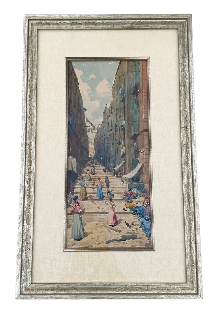 Unknown, Italian Street Scene: Title- Italian Street Scene Artist- unknown Signed- lower left Year- unknown Medium- watercolor on paper Size- 14.5 x 6.5 <