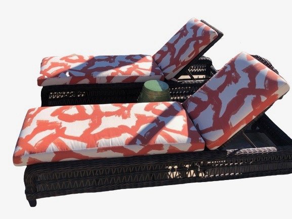 Janus Wicker Arbor Alta Exterior Chaise- Pair: Janus et Cie exterior Arbor Alta collection pair of chaises, handwoven of recyclable synthetic Java fibers. Cushions included. Chinese garden stools also available in another Lot.