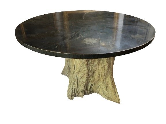 Patinated Zinc Aperture Table, Made Good: Uniquely designed table, the top made from zinc that replicates the lens of a camera (think old school not iPhone!). The table top is formed from industrialized patina zinc pieces joined with exposed