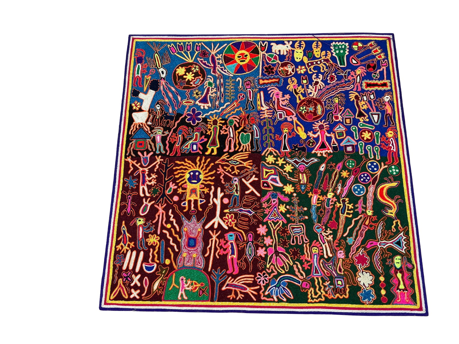 Colorful Huichol Thread Art with Spiritual Symbols: This is a vibrant piece of Huichol thread art, beautifully encapsulating the vivid colors and intricate designs characteristic of this indigenous Mexican art form. Measuring 23.75 inches square, the