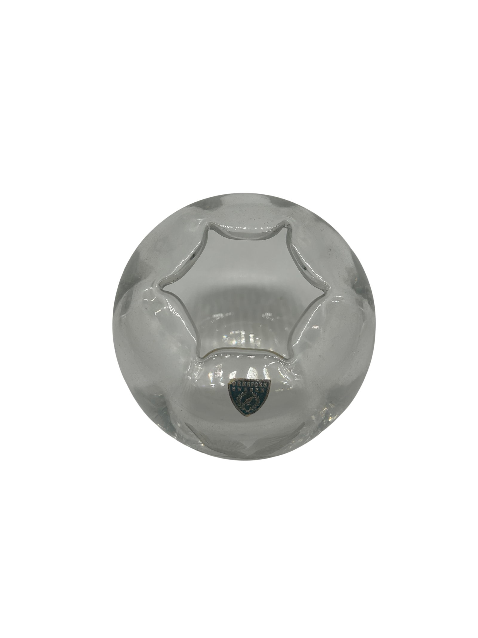Orrefors Sweden Glass Vase with Engraved Crane Design: This is a charming small glass vase from the esteemed Orrefors glassworks in Sweden. Noted for its graceful and delicate design, the vase features a soft, rounded form with a polished finish. Its