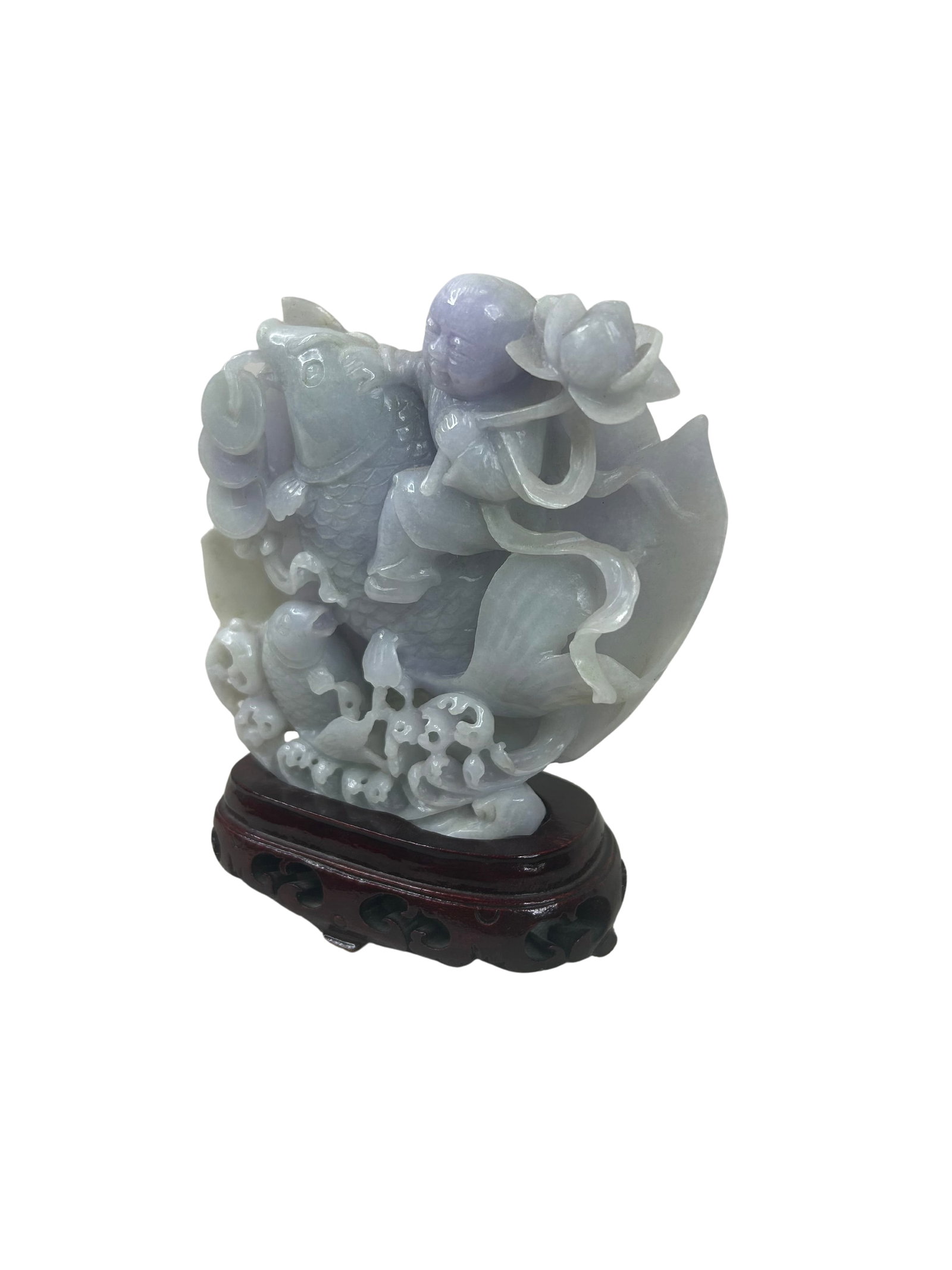 Intricate Jade Koi Fish and Lotus Sculpture on Wooden Stand (1 of 8)