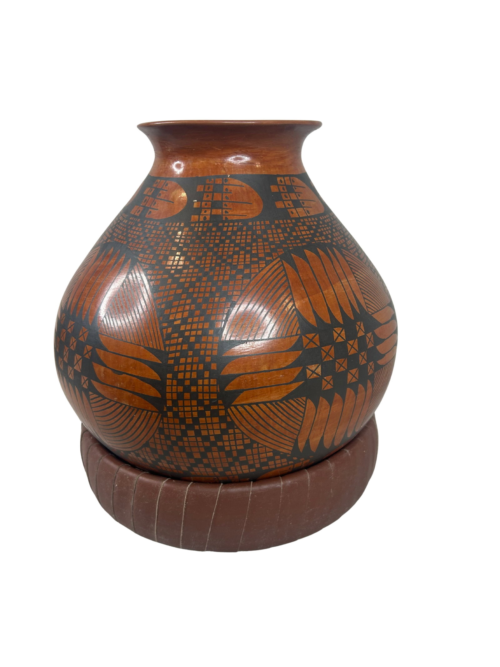 Signed Geometric Patterned Pottery Vase with Stand (1 of 7)