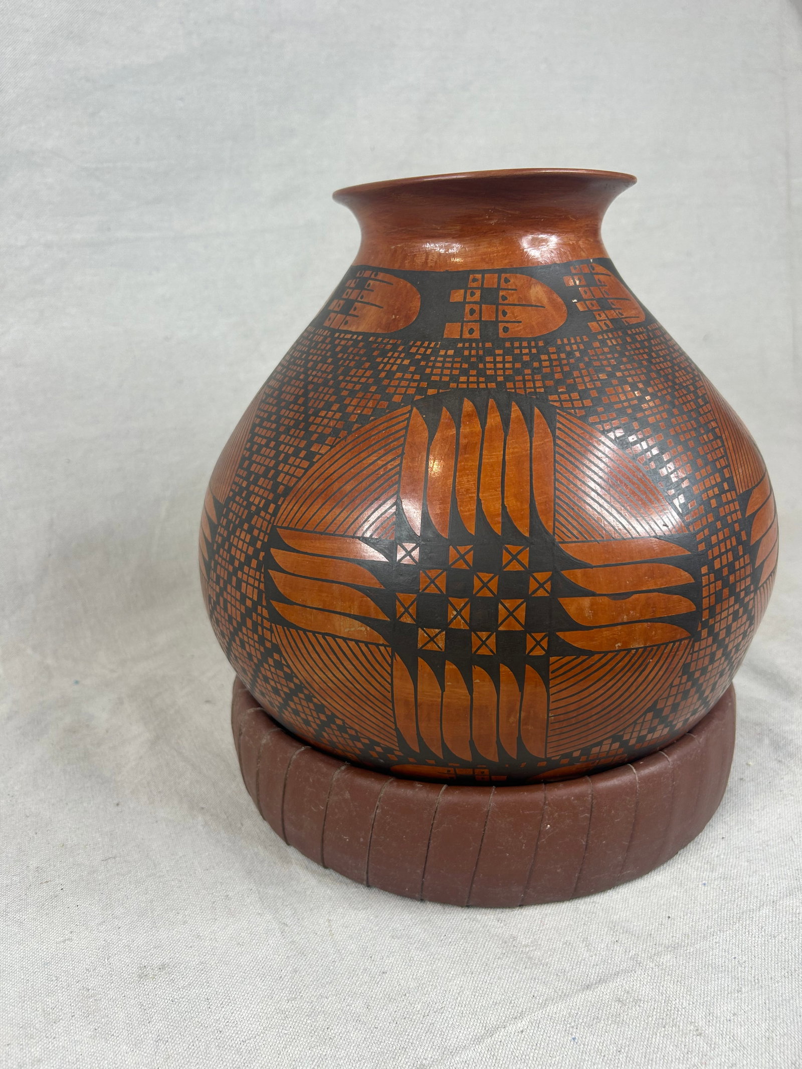 Signed Geometric Patterned Pottery Vase with Stand - 3