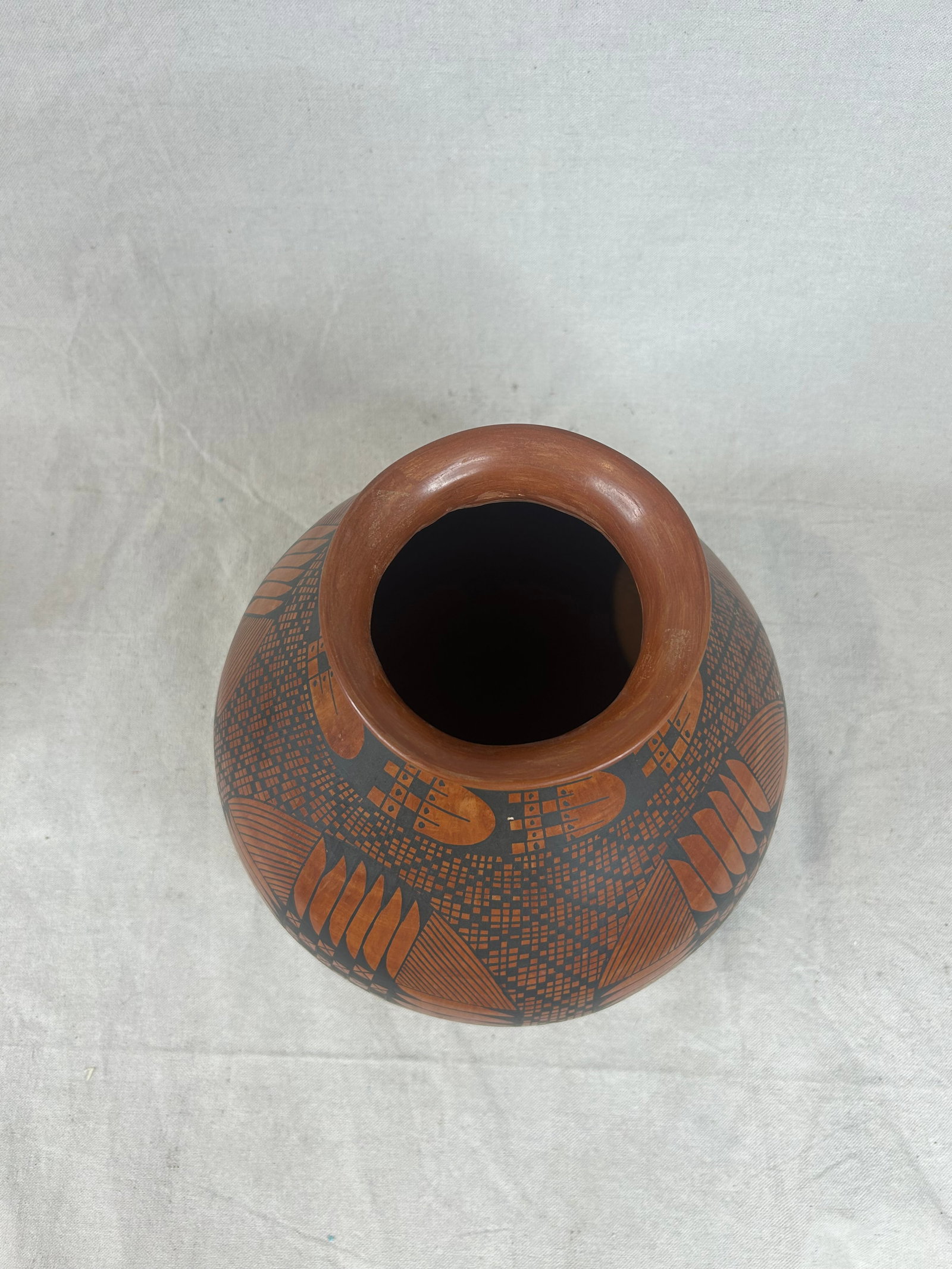 Signed Geometric Patterned Pottery Vase with Stand - 5