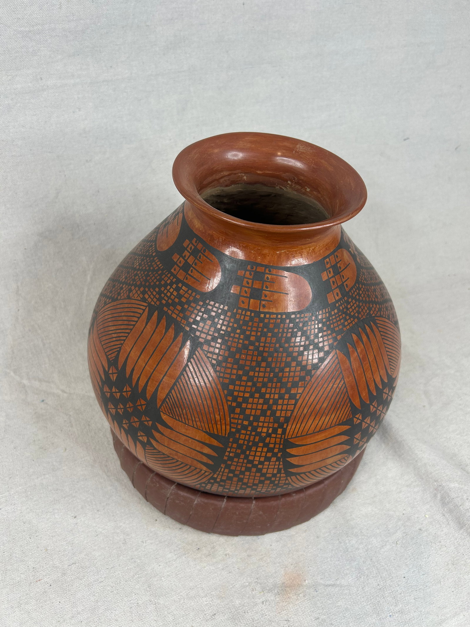 Signed Geometric Patterned Pottery Vase with Stand - 6