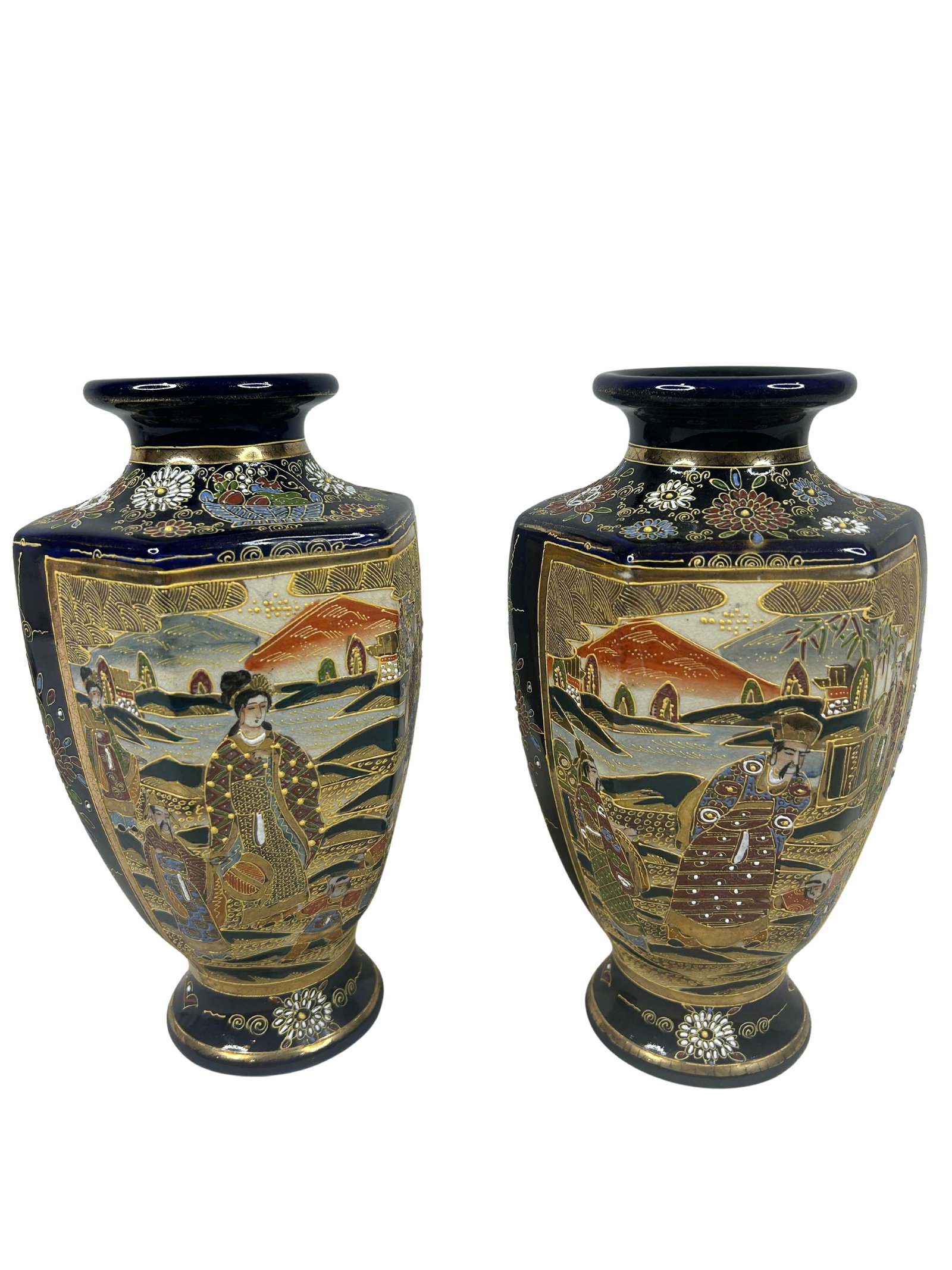 Exquisite Pair of Japanese Satsuma Style Hand-Painted Ceramic Pots: This set of two ceramic pots showcases exquisite craftsmanship, featuring a traditional Japanese Satsuma style. Each pot stands 10 inches tall and is adorned with intricate hand-painted scenes
