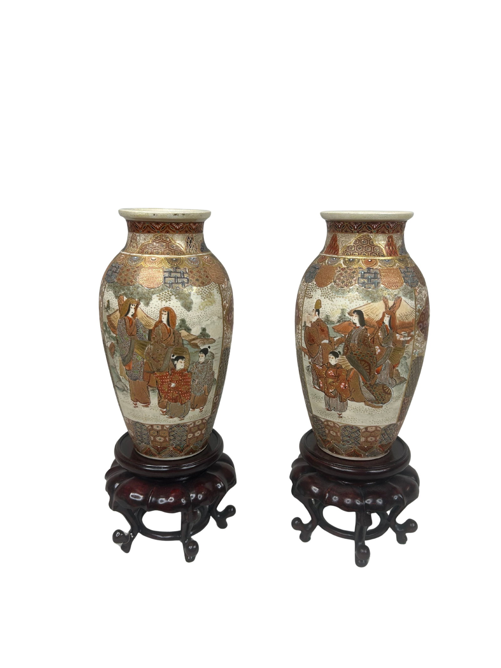 Pair of Japanese Style Hand-Painted Ceramic Pots with Stands: This charming set of two ceramic pots features exquisite craftsmanship with an Asian-inspired design. Each pot is 10.5 inches tall and rests elegantly on a wooden stand, enhancing their display