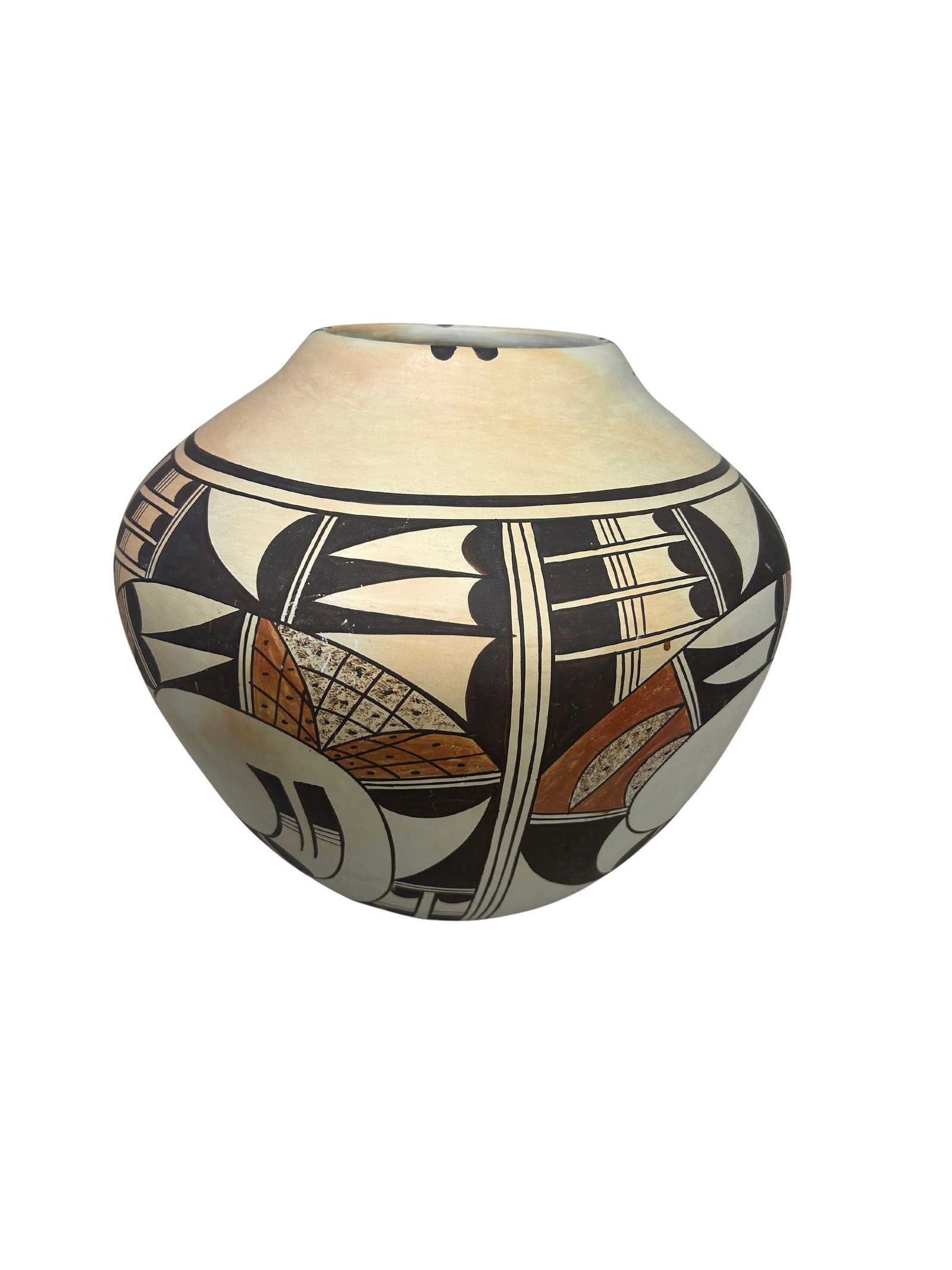 Native American Polychrome Pottery Vase by Renowned Artisan: This piece is an exquisite Native American pottery vase crafted by the noted artisan, identifiable by the signature on the bottom. The pot features a stunning polychrome design that showcases