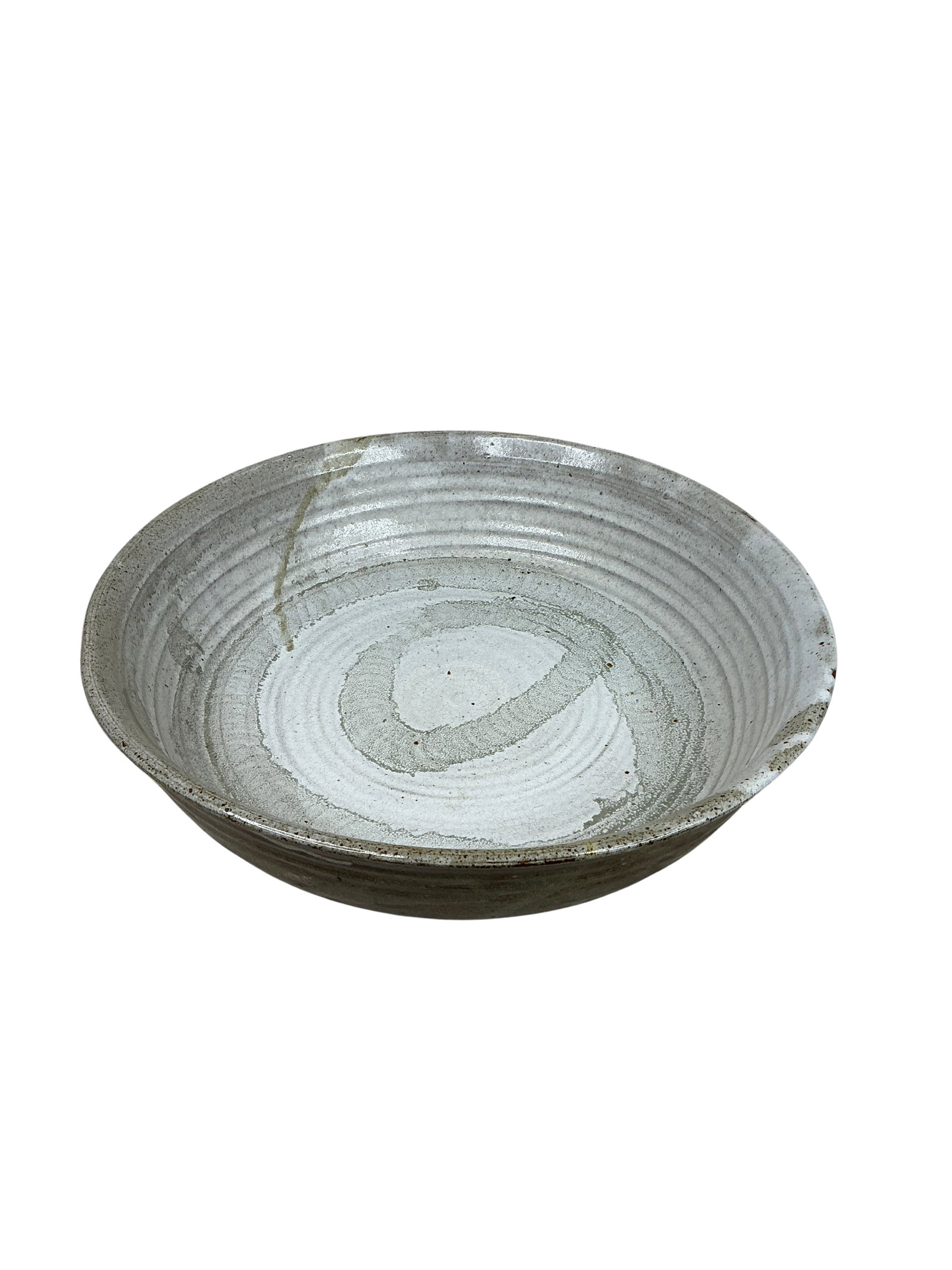 Handcrafted Large Grey Ceramic Platter with Concentric Design: This large grey ceramic platter features an elegant and understated design, characterized by its earthy tones and concentric ring pattern. The surface exhibits a swirl of greys with a glossy finish,