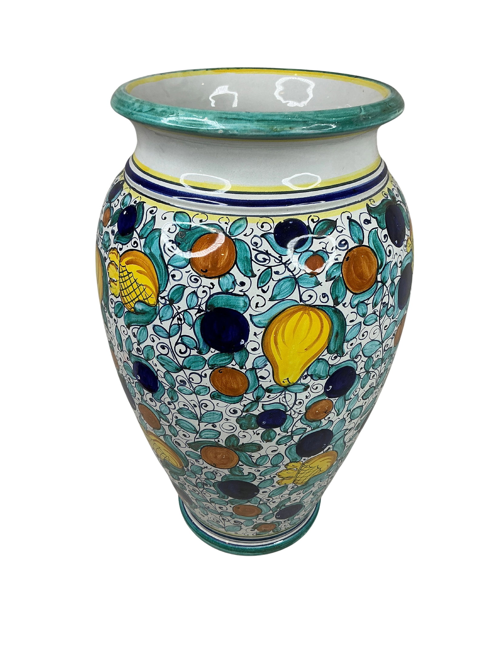 Italian Ceramic Vase with Hand-Painted Fruit Design: This oversized Italian ceramic vase is a fine representation of vibrant craftsmanship, featuring a lively fruit-themed design that embodies a quintessential Mediterranean aesthetic. The hand-painted