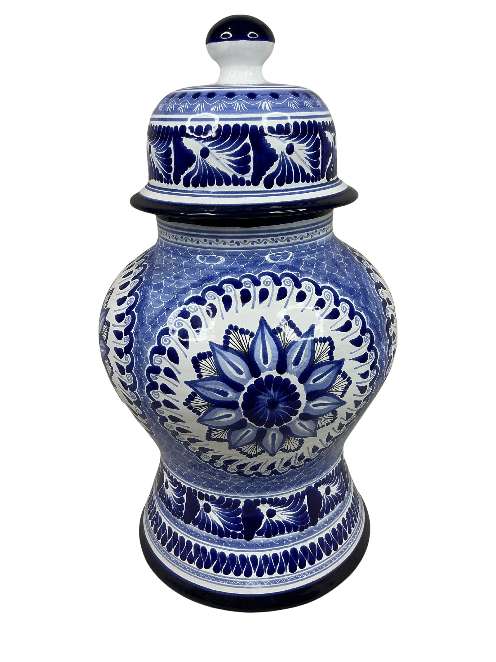 Large Hand-Painted Mexican Ceramic Vase by Hernandez: This is an exquisite oversized ceramic vase with a lid, crafted in Mexico and signed by the artist, Hernandez. The piece is painted in a striking cobalt blue and white color scheme, featuring