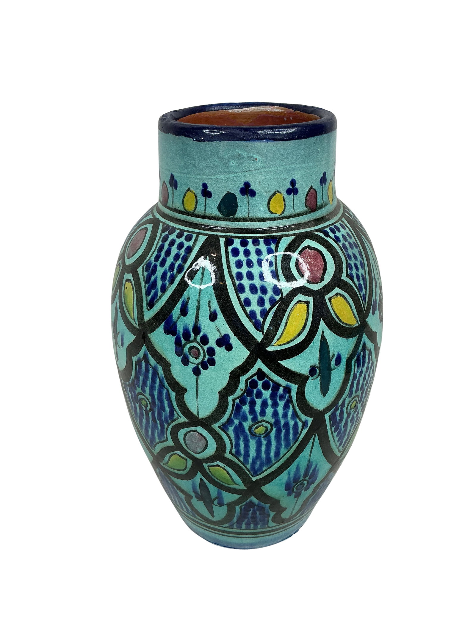 Authentic Moroccan Turquoise Ceramic Vase with Geometric Patterns: This turquoise Moroccan vase is a vibrant piece of decor with an evocative blend of traditional Moroccan artistry and contemporary charm. The vase stands 12 inches tall and features a vivid palette
