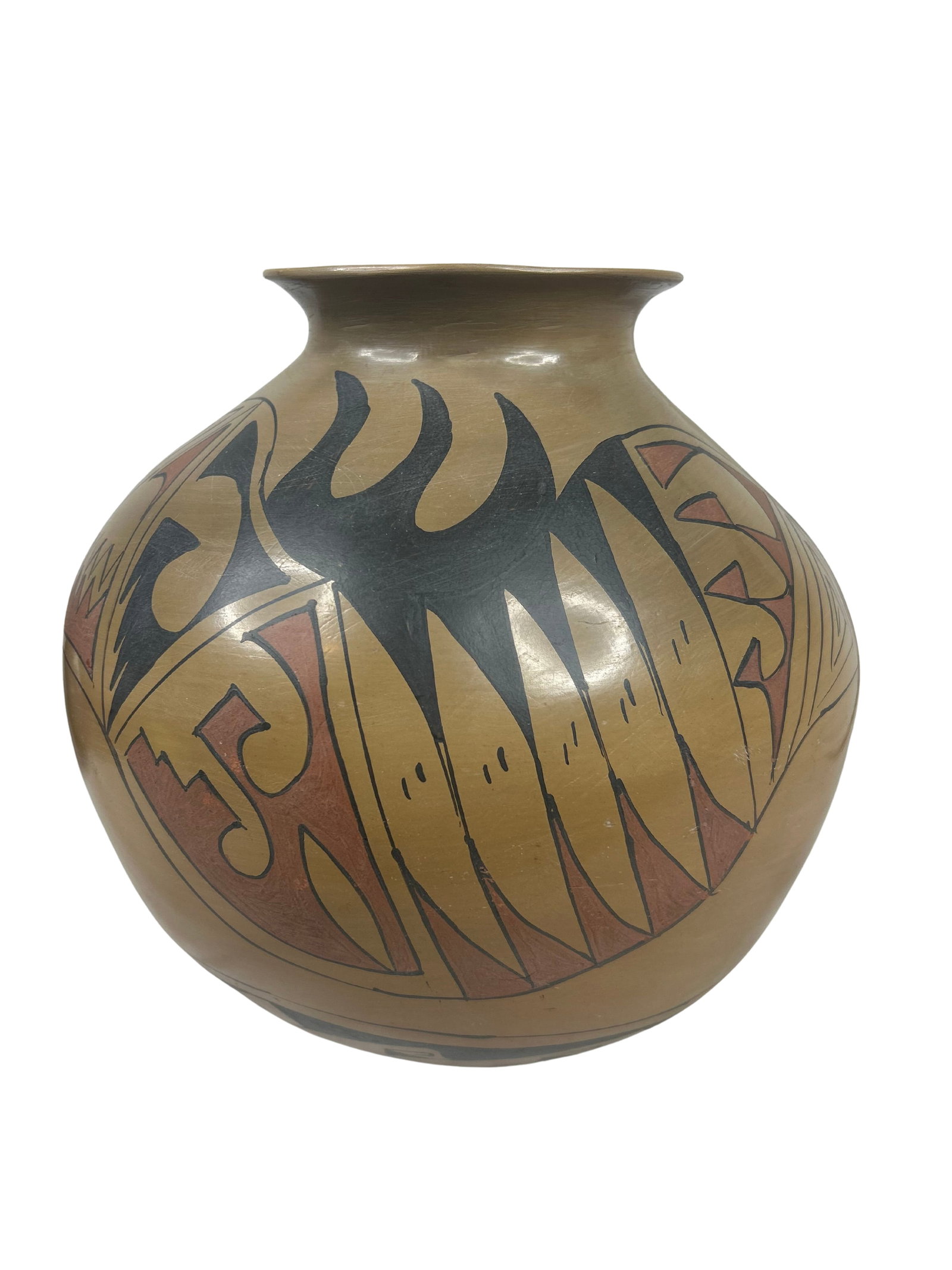 Signed Native American Style Geometric Pottery Vase: This exquisite ceramic pot is a signed piece that exhibits intricate Native American style designs featuring bold geometric patterns in earth tones of brown, red, and black. The pot's spherical form,