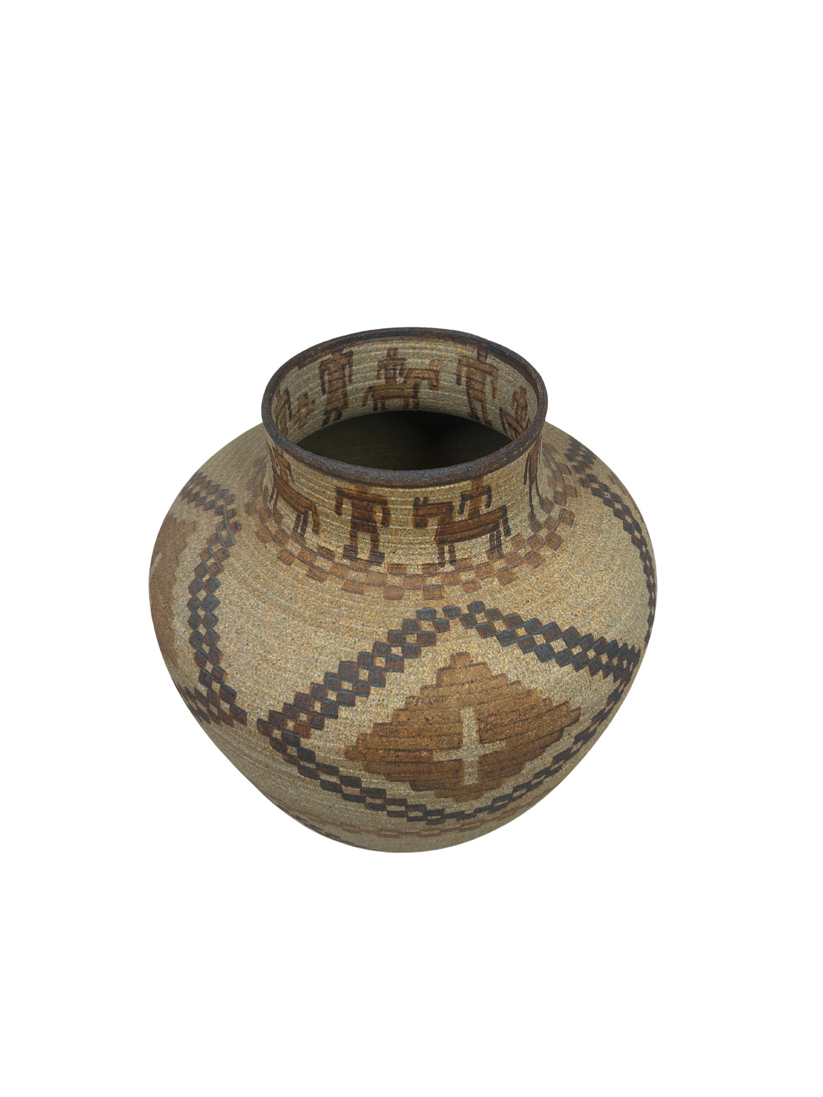 David Salk Western Apache Inspired Clay Pot: This is a distinctive clay pot crafted by David Salk, expertly resembling the intricate artistry of Western Apache basketry. The pot is 9 inches in height, width, and depth, and weighs approximately 4