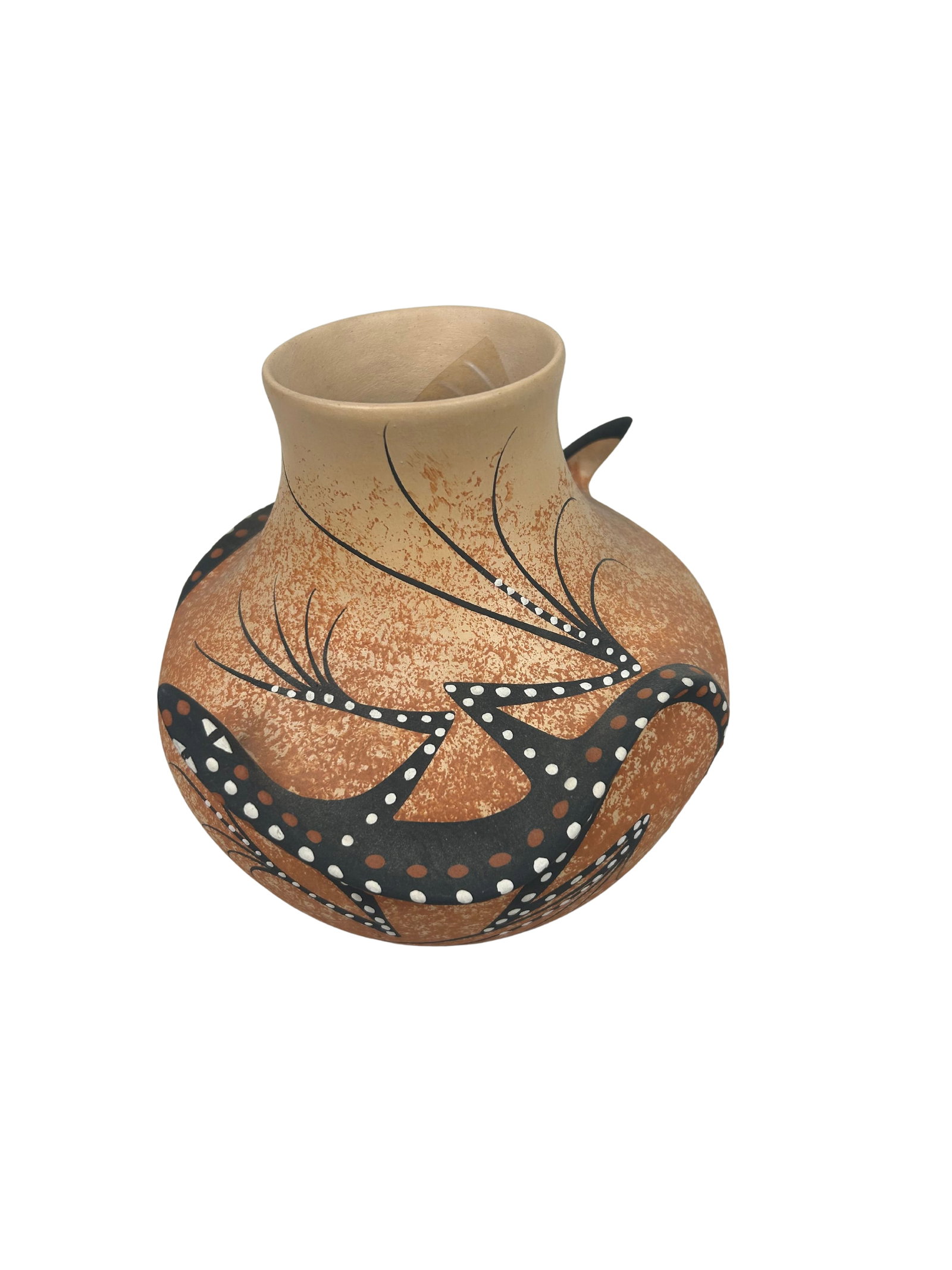 Signed Zuni Artist Ceramic Pot: This is a striking hand-crafted ceramic pot signed by artists from the Zuni community, as indicated by the signature on its base. The pot features a beautiful blend of earthy tones with intricate blac