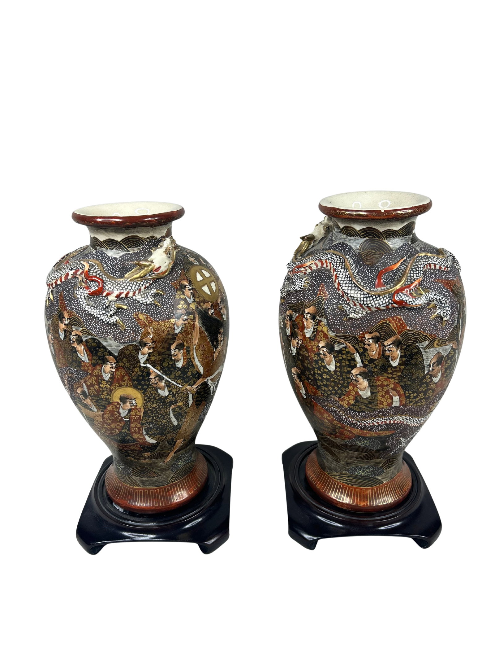 Pair of Satsuma-Style Ceramic Dragon and Figure Pots (1 of 9)
