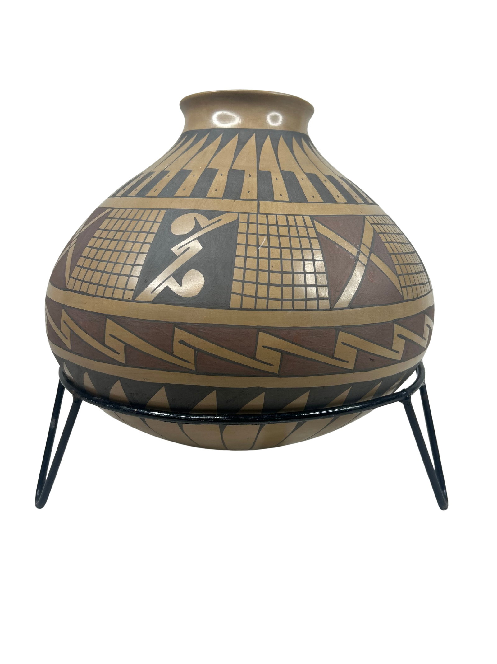 Hand-Painted Ceramic Pot by Arminda Silveira with Stand: This is a beautifully crafted ceramic pot, signed by Arminda Silveira, a notable artist known for her intricate designs. The pot stands 12 inches high without the stand and reaches a height of 14 inch