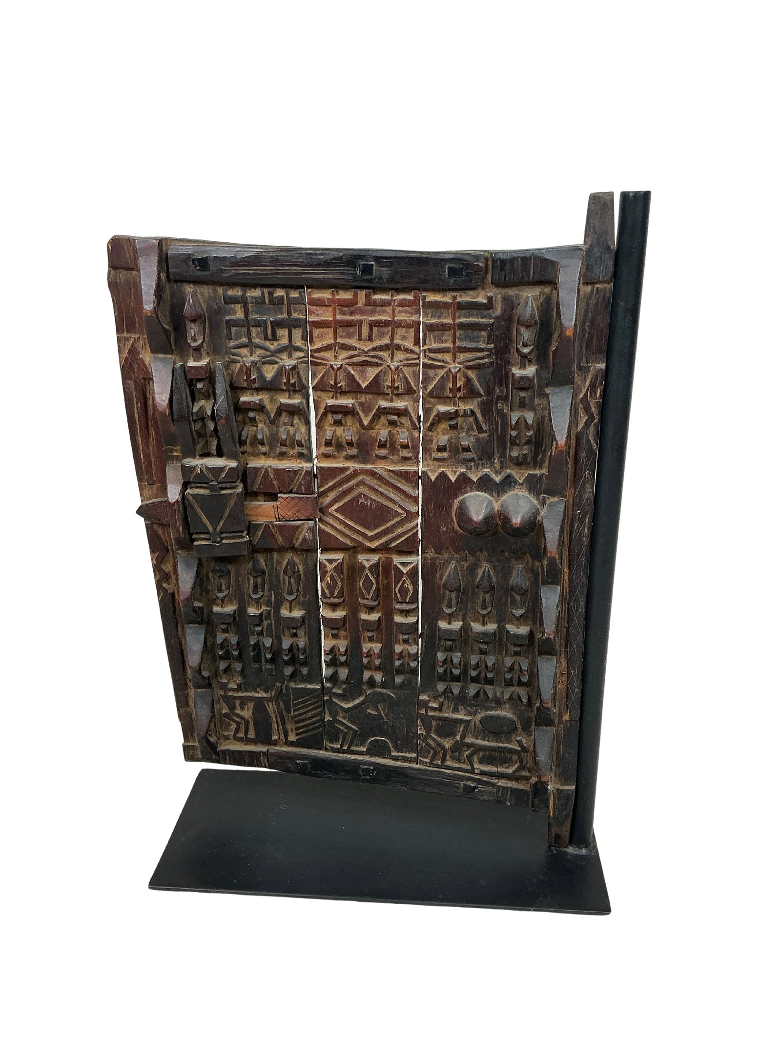 Hand-Carved Vintage Wooden Tribal Sculpture: This wooden decorative sculpture showcases intricate hand-carved detailing, suggesting it may be of vintage or antique origin. The piece measures 19.5 inches in width, 8 inches in depth, and stands at