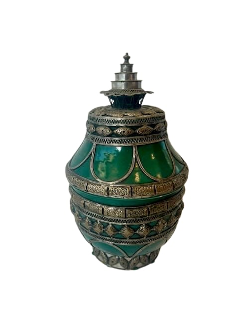 Deep emerald Moroccan vase with lid metal detailing (1 of 6)