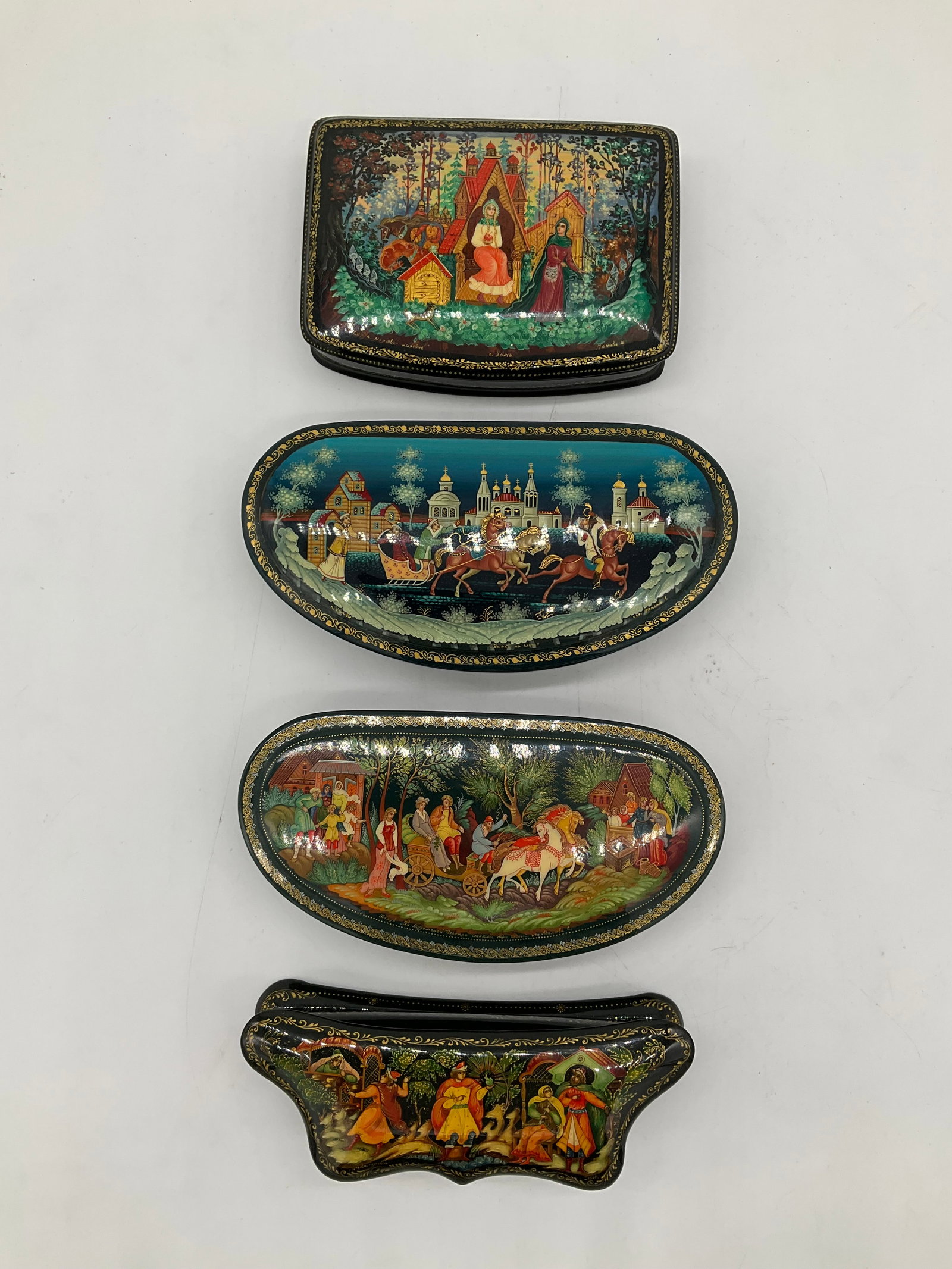 Set of Russian Hand-Painted Lacquer Boxes with Folklore Scenes (1 of 10)