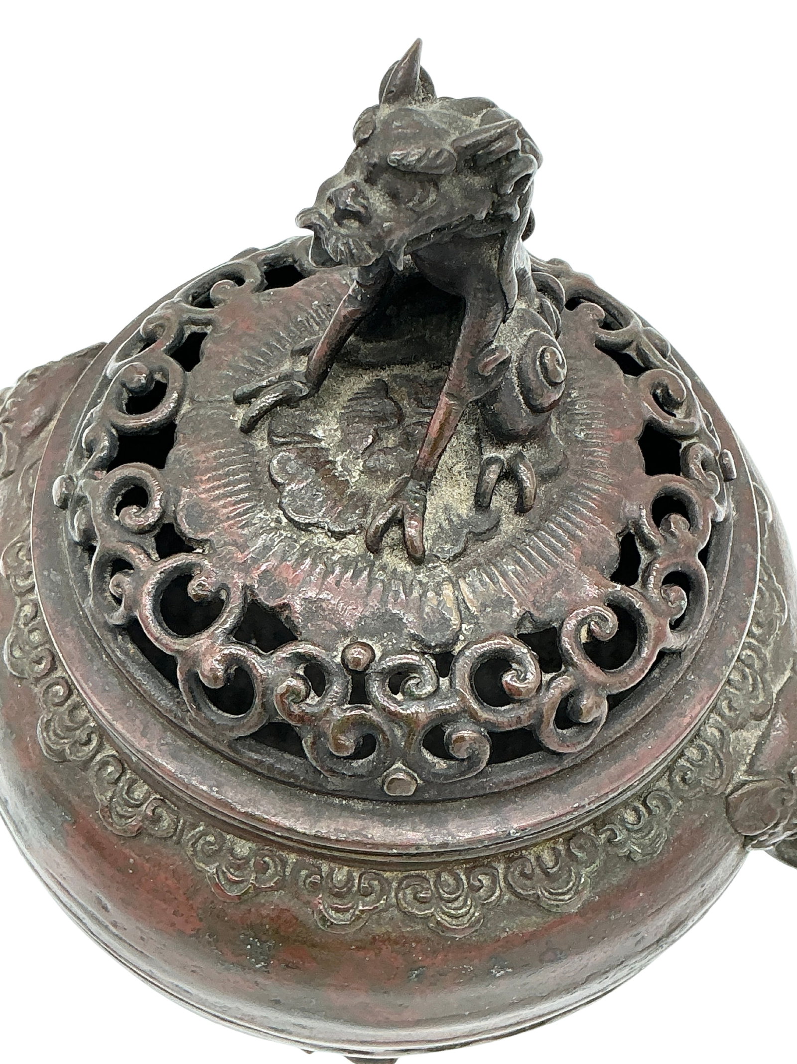 Antique Chinese Bronze Incense Burner with Foo Dog Lid: This is an intricately designed Chinese incense burner, crafted from bronze, featuring a finely detailed lid topped with a Foo Dog or Guardian Lion, a traditional symbol of protection. The burner is s