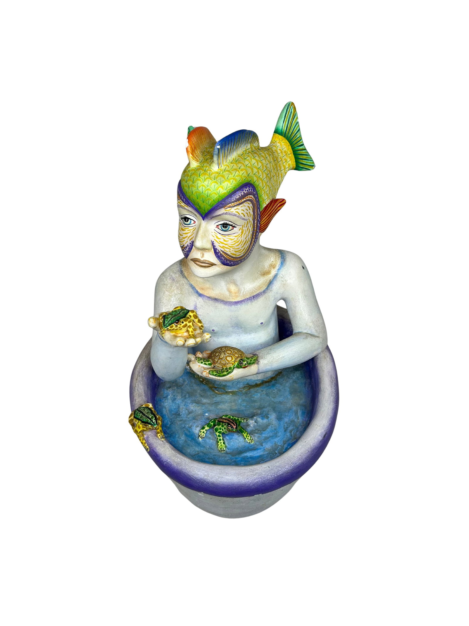 Vibrant Fish-Headed Figure Sculpture with Turtle Accents (1 of 14)