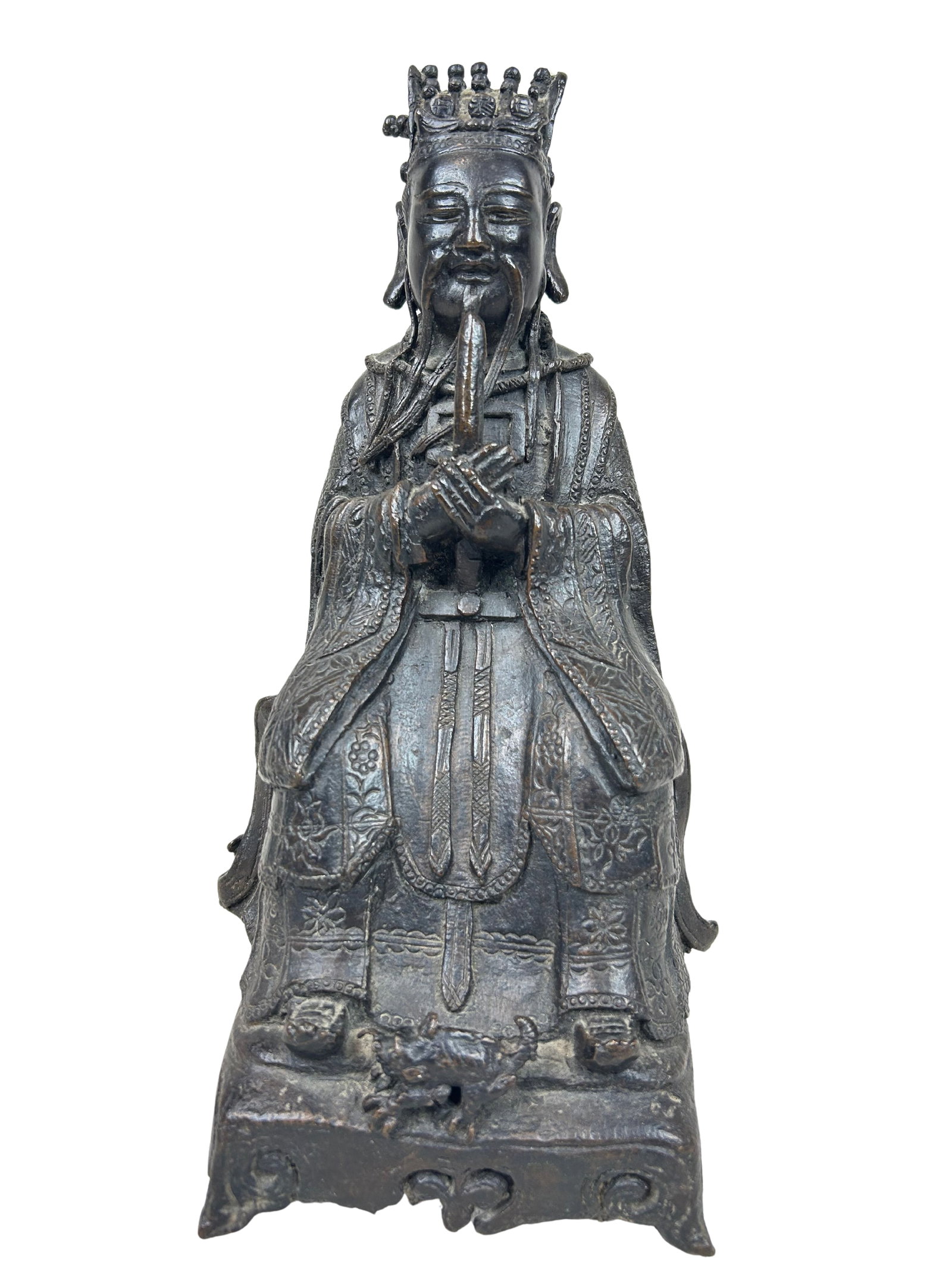 Intricate Bronze Asian Cultural Statue: This is a well-crafted decorative statue depicting a seated figure, likely of Asian origin given its stylistic elements. The sculpture stands at 9 inches tall and is made of a dark metal, most likely 