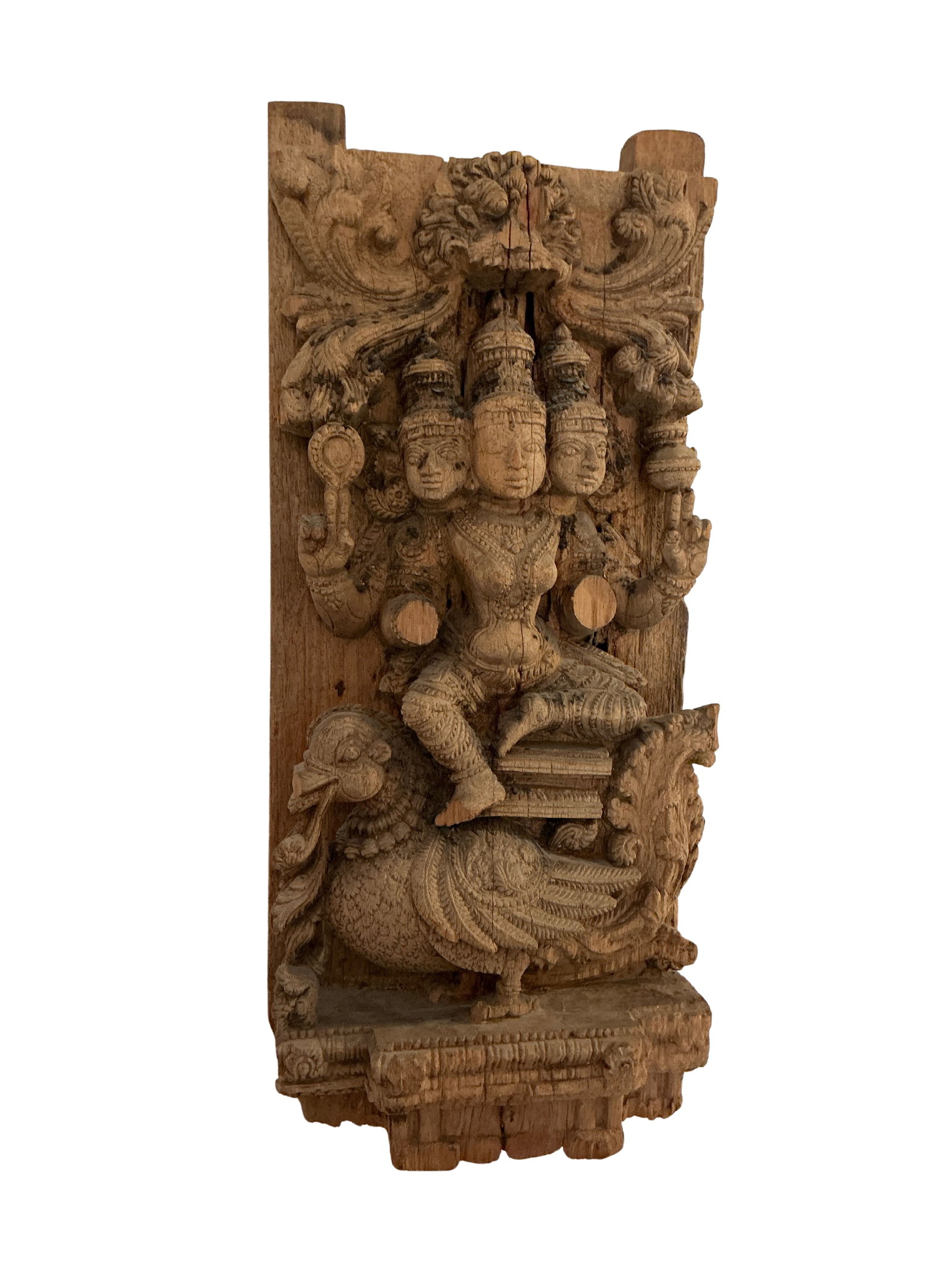 17th/18th C Sth Indian Temple Chariot Carving Brahmi On Hamsa: This South Indian temple chariot carving, attributed to the 17th or 18th century, represents a rich cultural heritage from Tanjore. Crafted from wood, the piece features intricately detailed depiction