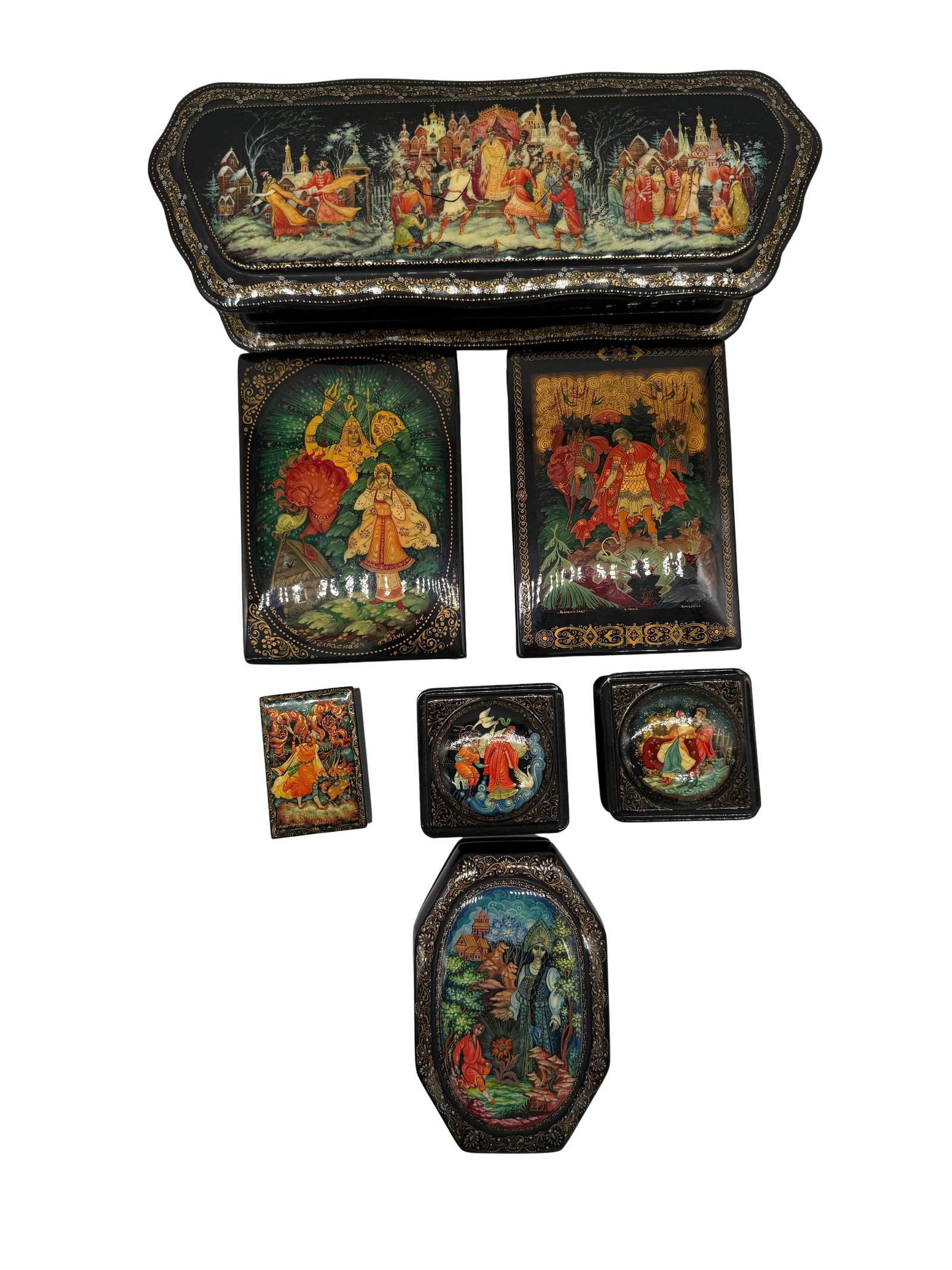 Lot of 7 Russian Mstyora Lacquered Miniature Boxes (1 of 16)