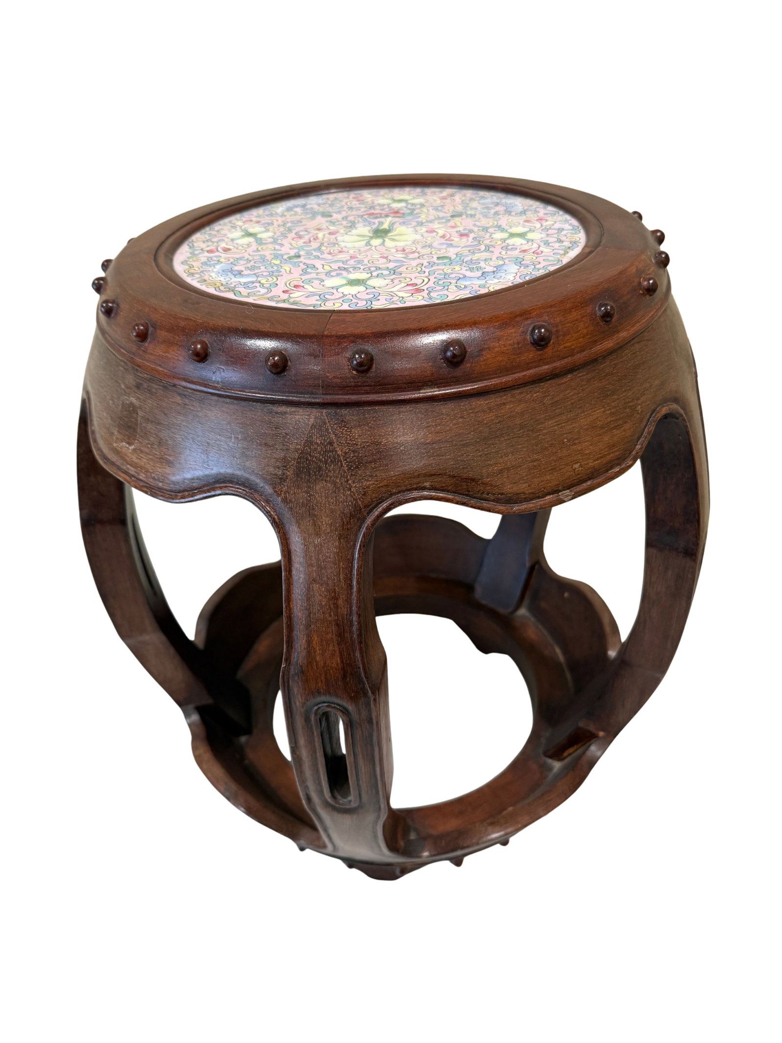 Vintage Chinese Hardwood Drum Form Plant Stand with Hand-Painted Porcelain Top: This exquisite vintage Chinese hardwood drum form plant stand boasts a rich, deep hue synonymous with traditional Chinese craftsmanship. The top is adorned with a hand-painted porcelain inset, featuri