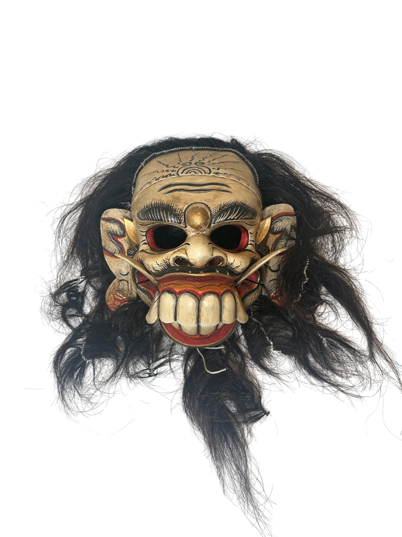 Traditional Southeast Asian Wooden Demon Mask with Hair (1 of 6)