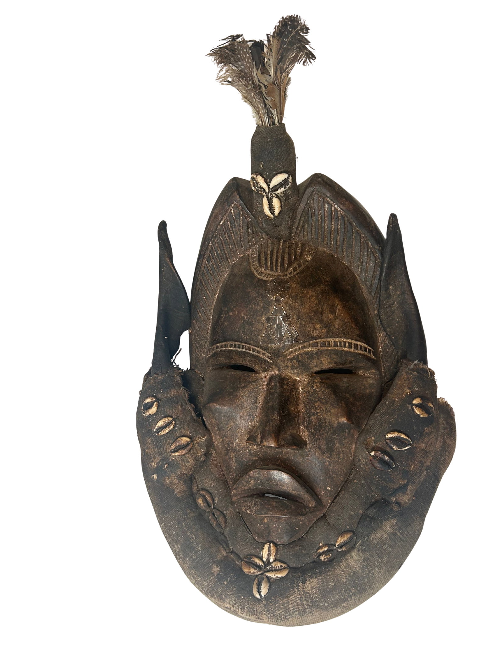 Vintage African Tribal Mask with Cowrie Shells and Feathers (1 of 6)