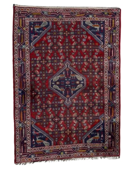 Hand-Knotted Persian Rug with Traditional Medallion and Floral Motifs: This exquisite hand-knotted Persian rug showcases a captivating traditional design, featuring a vibrant red field adorned with intricate floral and geometric motifs. A detailed medallion at the center