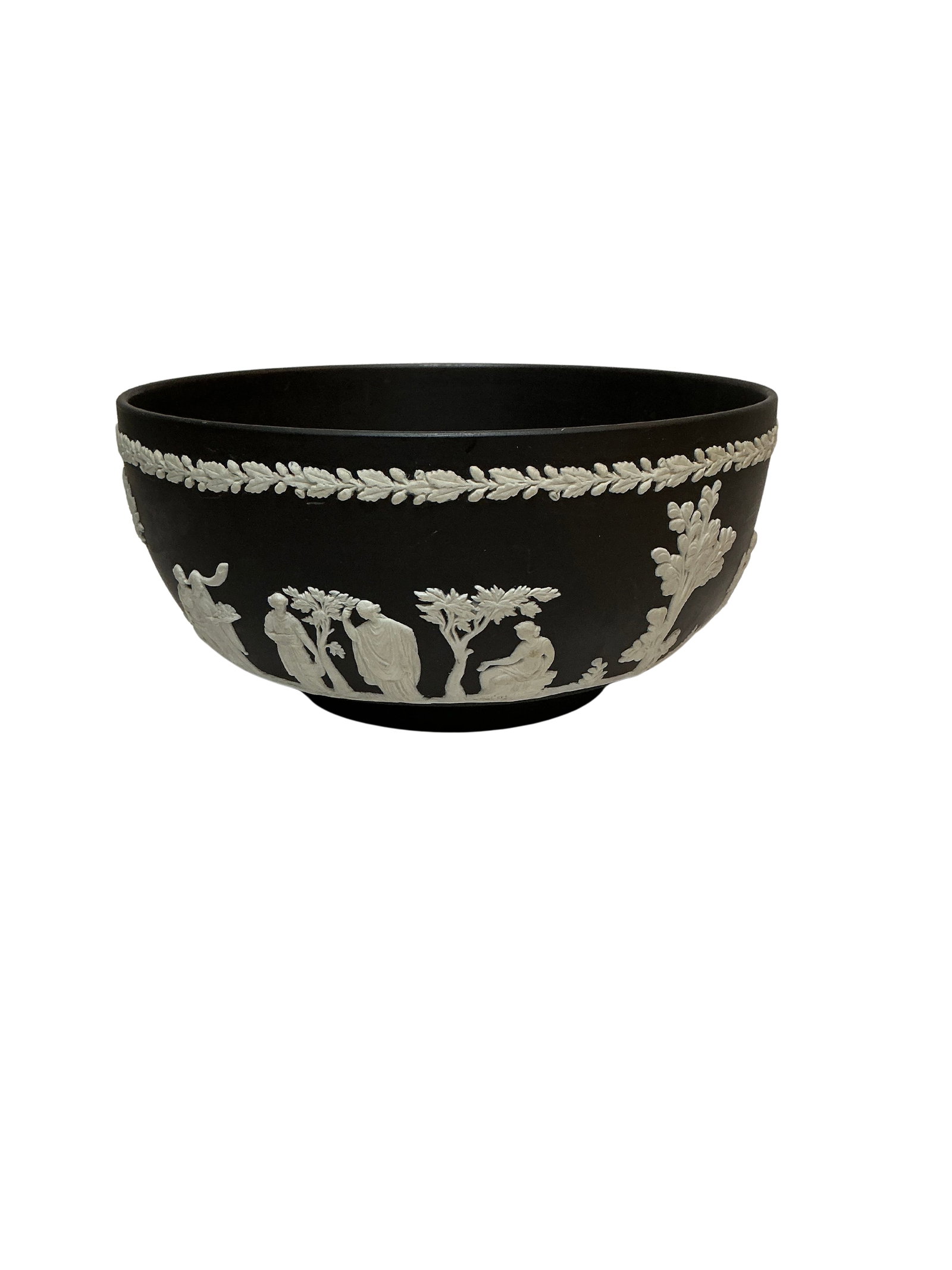 Vintage Wedgwood Black Jasperware Bowl: This exquisite vintage Wedgwood Black Jasperware bowl showcases the iconic neoclassical design the brand is renowned for. Crafted in England, the bowl features intricate white relief scenes against a 