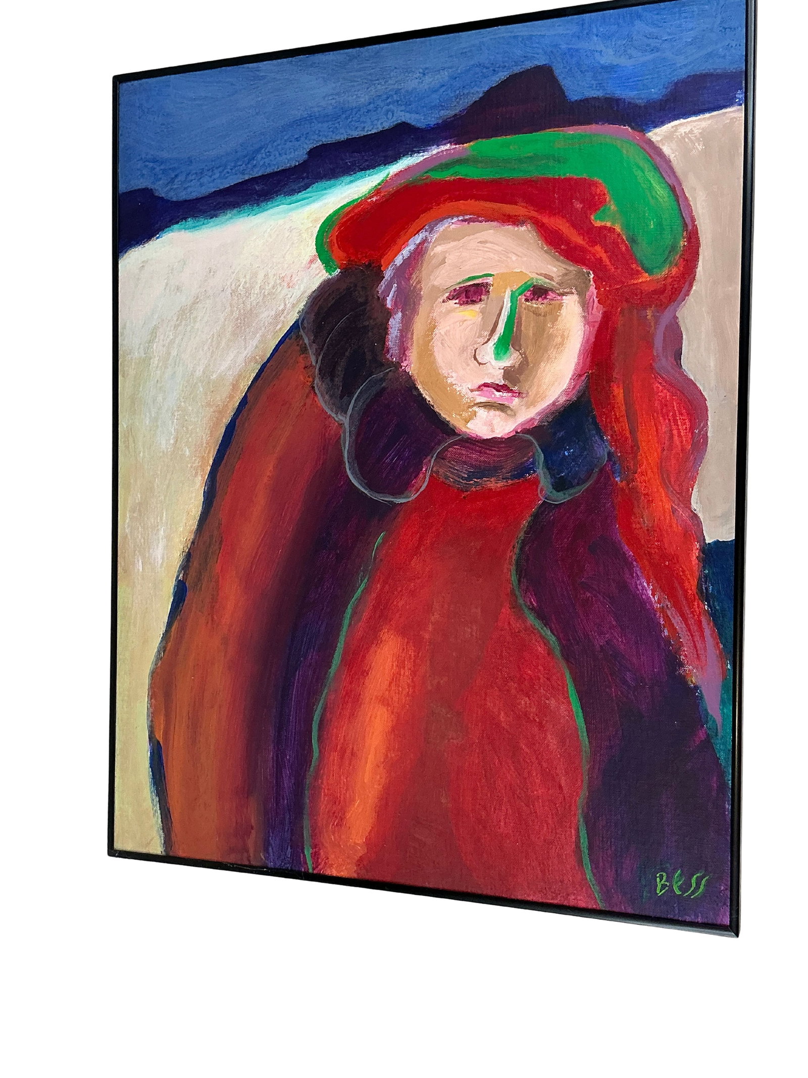 Southwestern Artwork, Lady in New Mexico Landscape, Jim Bess: This captivating artwork, 'Lady in New Mexico Landscape' by Jim Bess, is a vibrant abstraction of a woman's portrait set against a scenic southwestern backdrop. Rendered in bold, sweeping strokes with