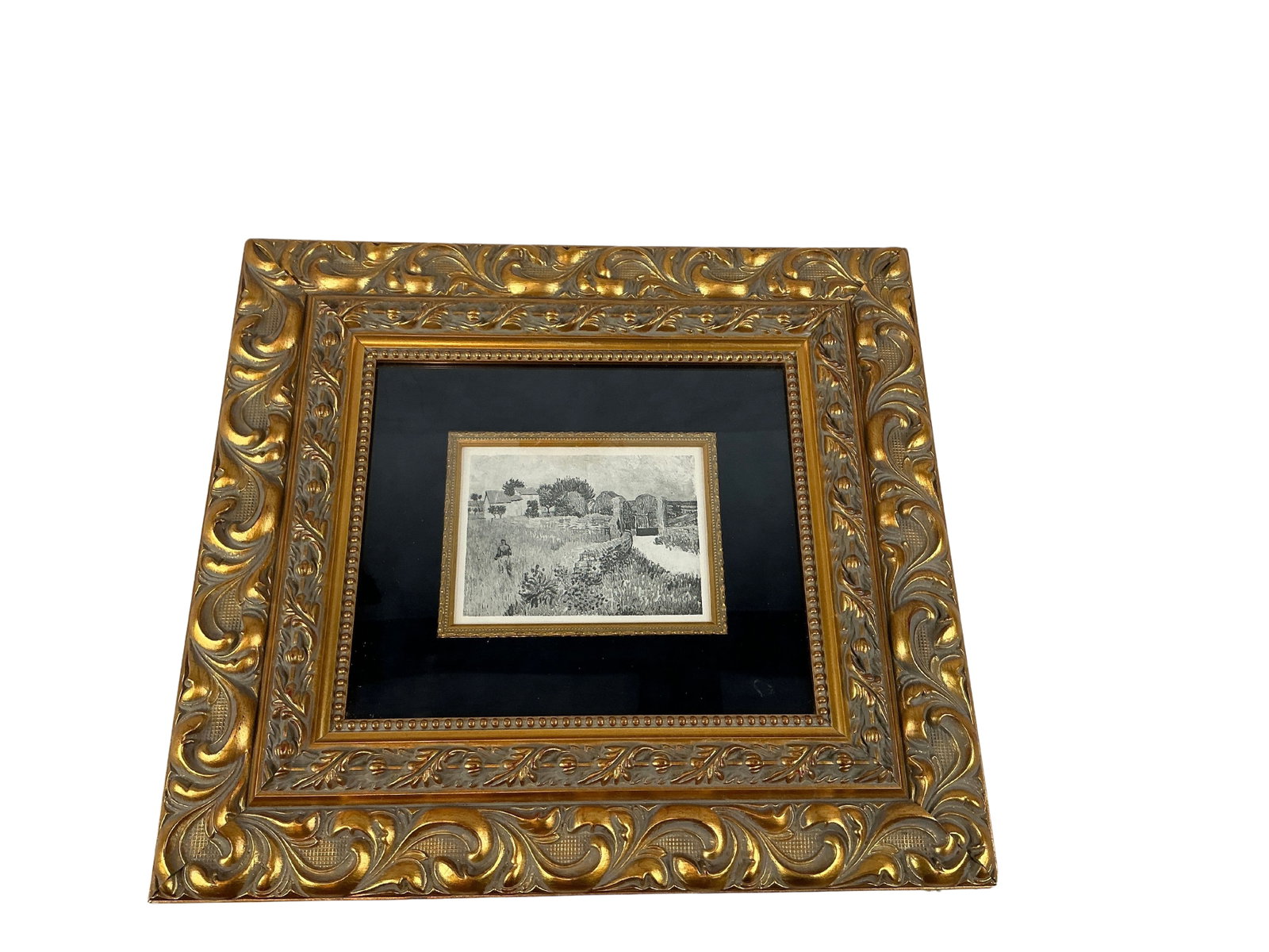 Framed 'Entree De Ferme' Print by Vincent Van Gogh - Limited Edition: This piece is a captivating monochrome print titled 'Entree De Ferme,' attributed to Vincent Van Gogh. The dimensions of the art are modest, measuring 7 inches in width and 5.5 inches in height, surro
