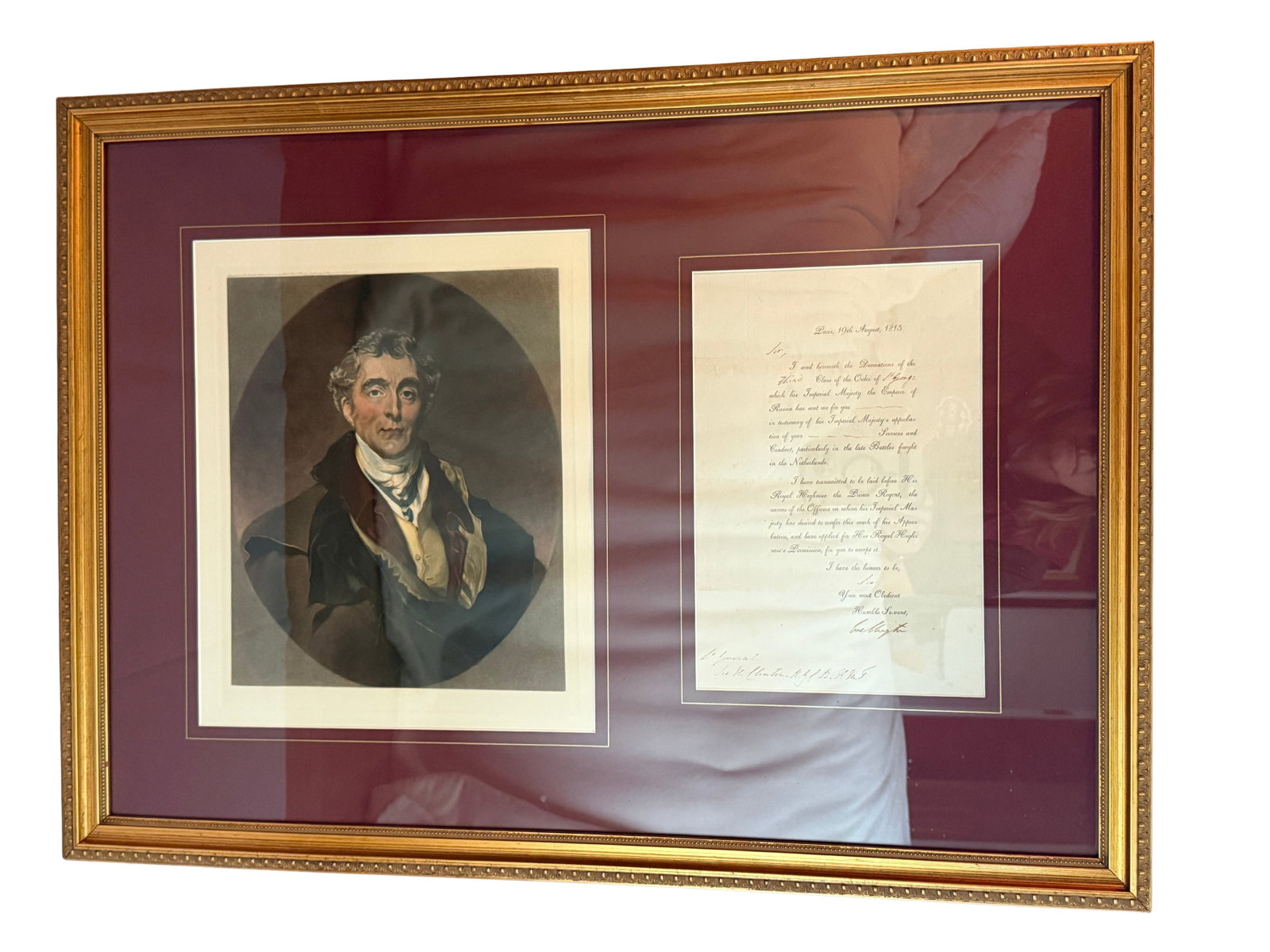 Historic Wellington Portrait with Original 1815 Document: The Wellington Portrait is a finely crafted piece that captures the distinguished essence of Arthur Wellesley, 1st Duke of Wellington. This portrait, encased in a rich gilt frame, measures 11.5”