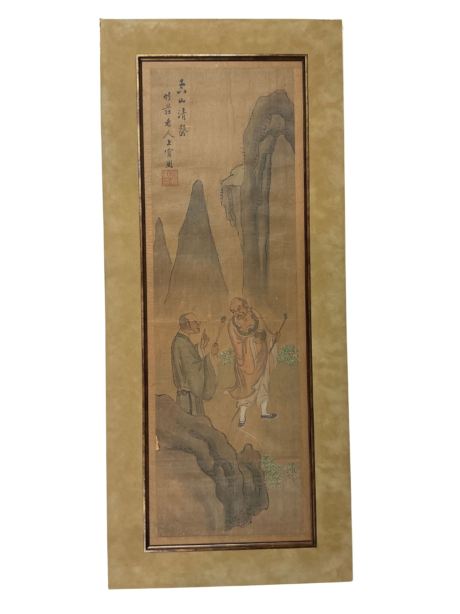 Antique Japanese Painting with Mountainous Scene and Calligraphy: This exquisite antique Japanese painting captures a serene mountainous scene rendered in traditional ink and brush on silk. The artwork features two figures engaged in dialogue amidst stylized mountai
