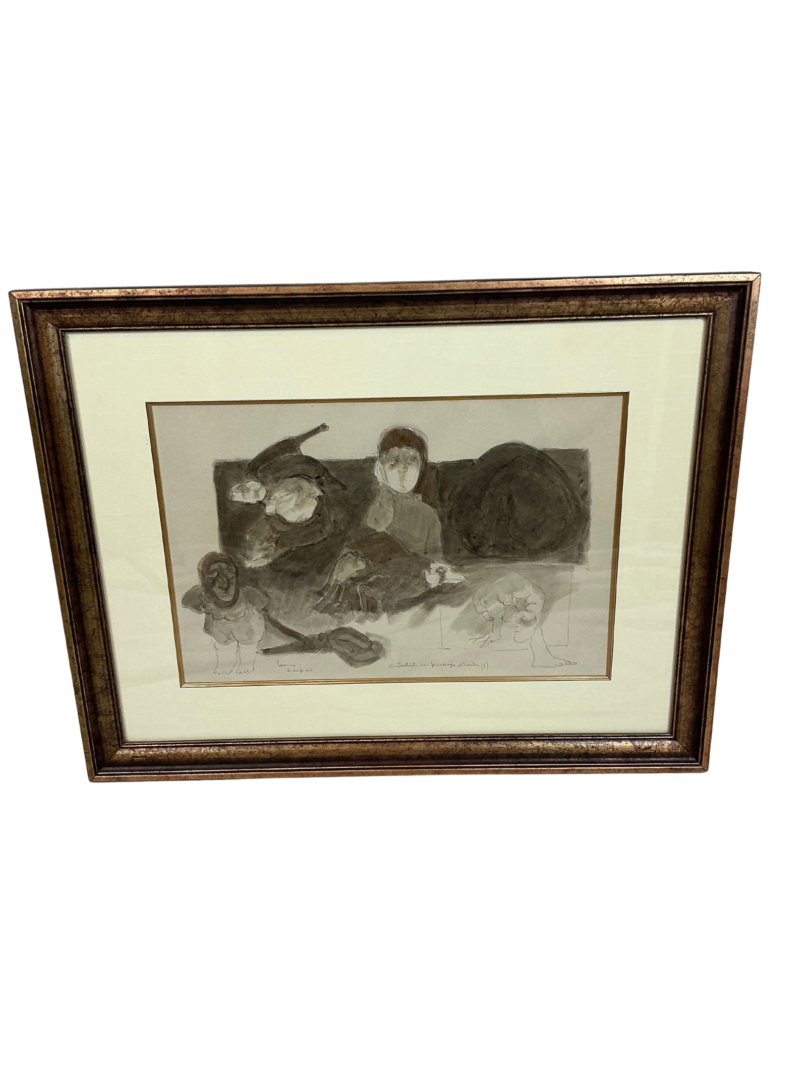 Jose L Cuevas (1934-2017) ink and watercolor "self portrait and persons extraneous".: This artwork, titled 'Con Personajes Extraños,' is a captivating piece that may have origins in Spanish or Latin American art. The painting appears to explore themes of surrealism, portraying enigmat